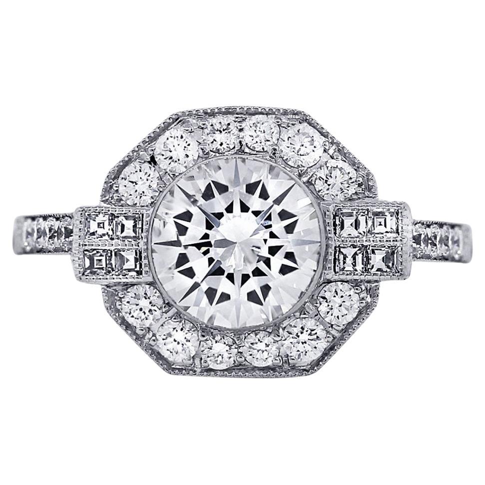 Platinum Art Deco Inspired Round Diamond Engagement Ring For Sale