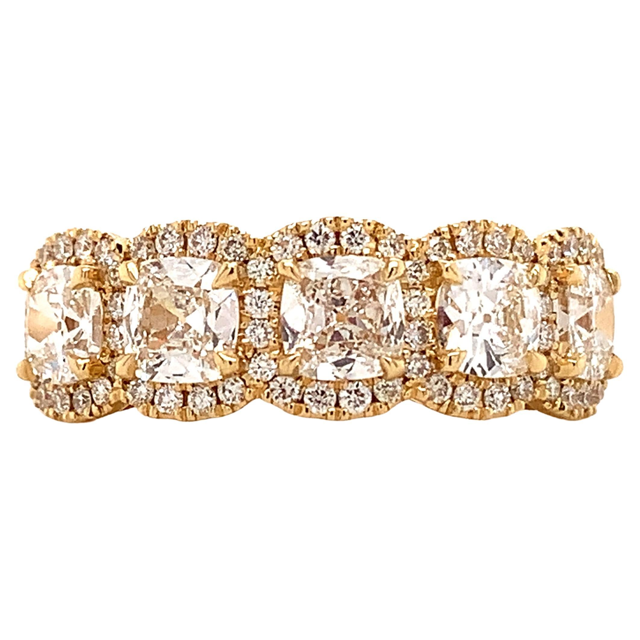 Henri Daussi Cushion Cut Five Stone 1.77ctw Diamond Anniversary Wedding Ring For Sale