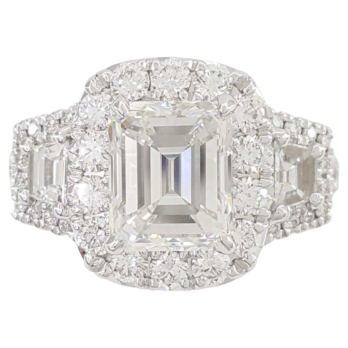 Henri Daussi Emerald Cut Diamond Halo Three Stone Engagement Ring For Sale