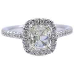 Henri Daussi Halo Diamond Engagement Ring Cushion Cut 1.13 Carat 14 Karat Gold