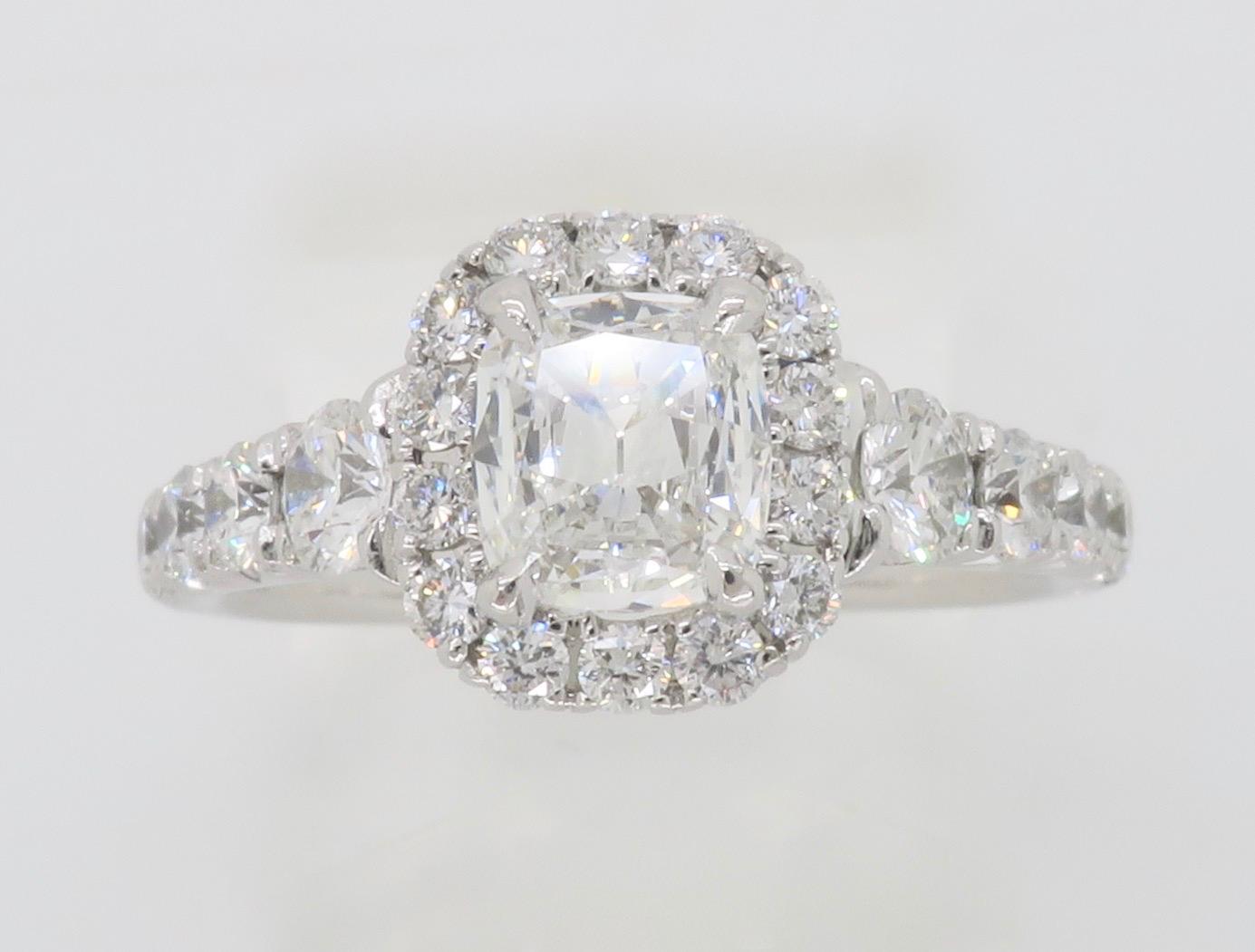 Henri Daussi Signature Cushion Cut Halo Diamond Engagement Ring in 18k In New Condition In Webster, NY