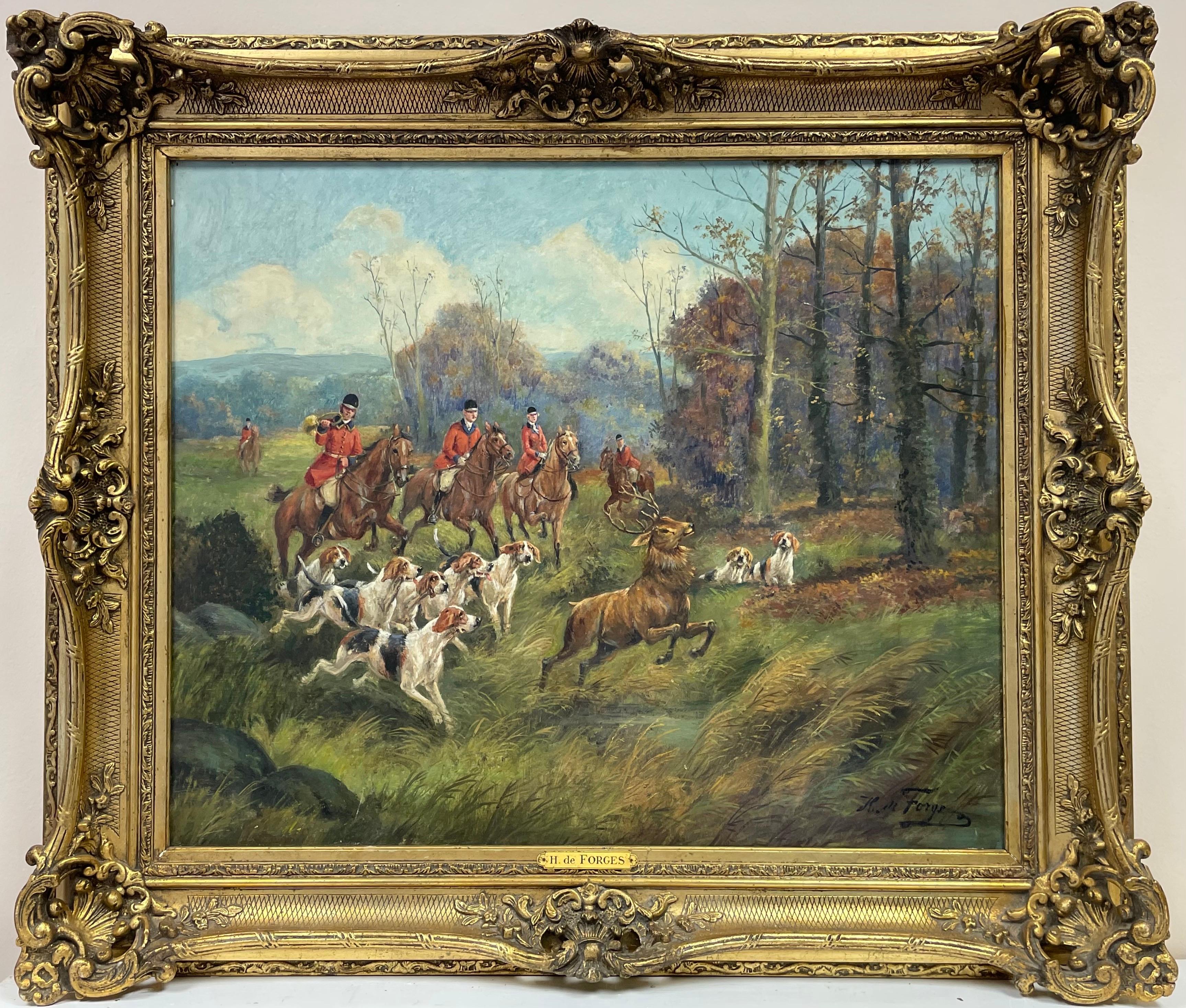 Henri de Forges Animal Painting - LARGE ANTIQUE FRENCH SIGNED OIL - HUNTSMAN ON HORSEBACK WITH HOUNDS IN WOODLAND