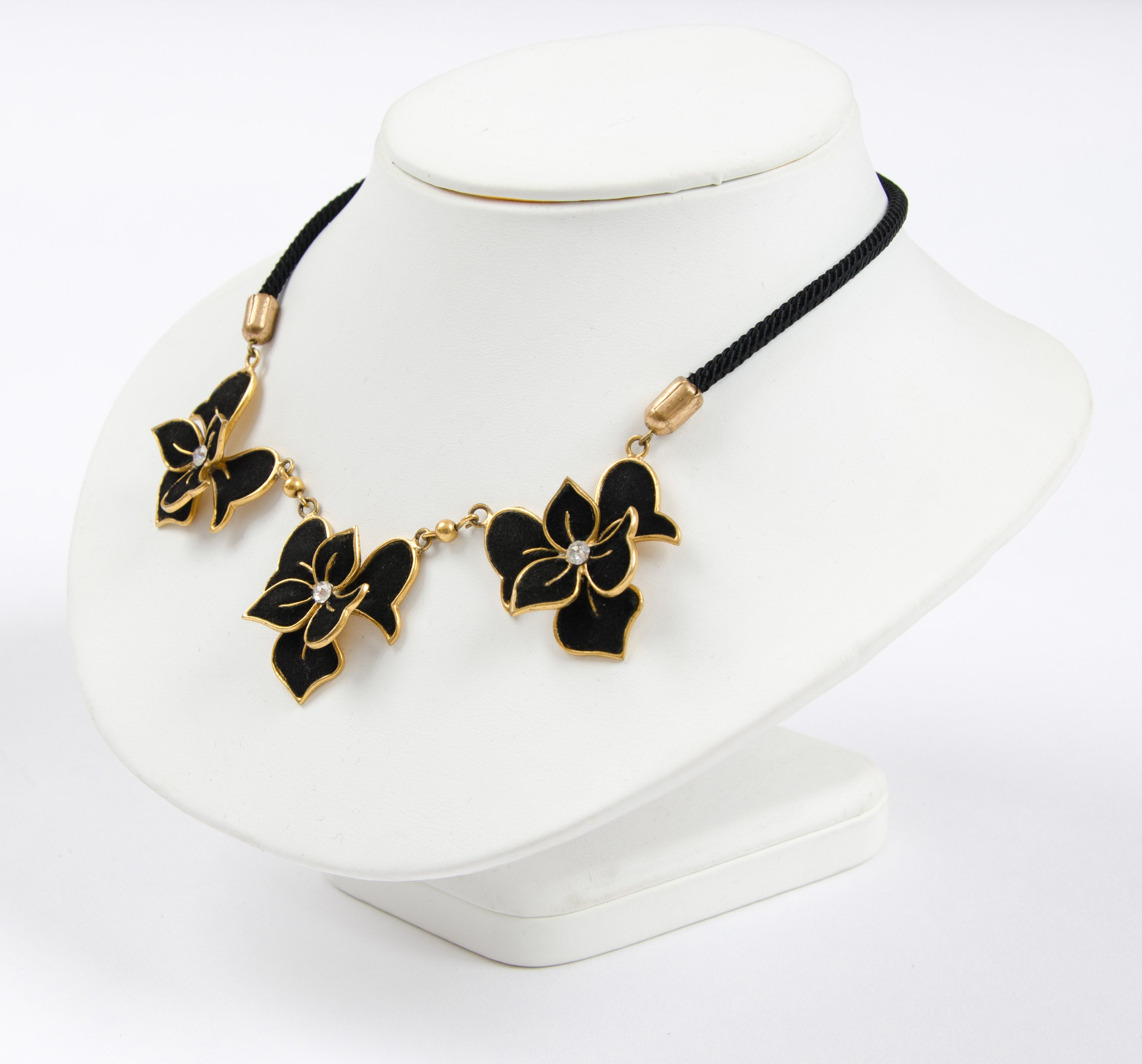Women's Henri de la Pensee black suede and gilt metal floral necklace, France, 1930s