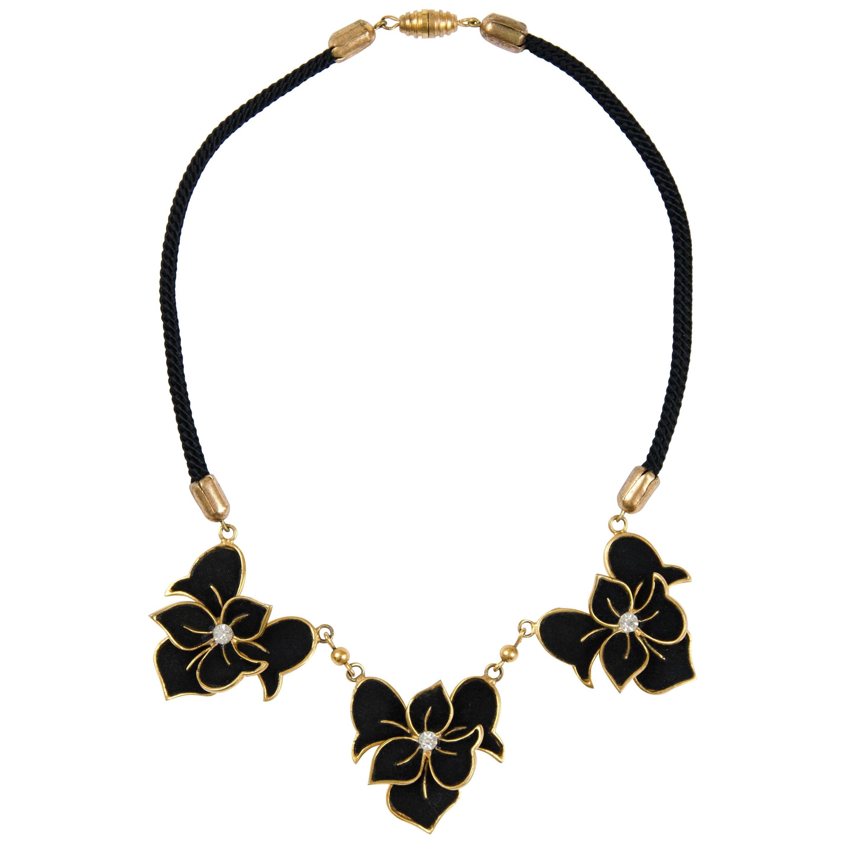 Henri de la Pensee black suede and gilt metal floral necklace, France, 1930s