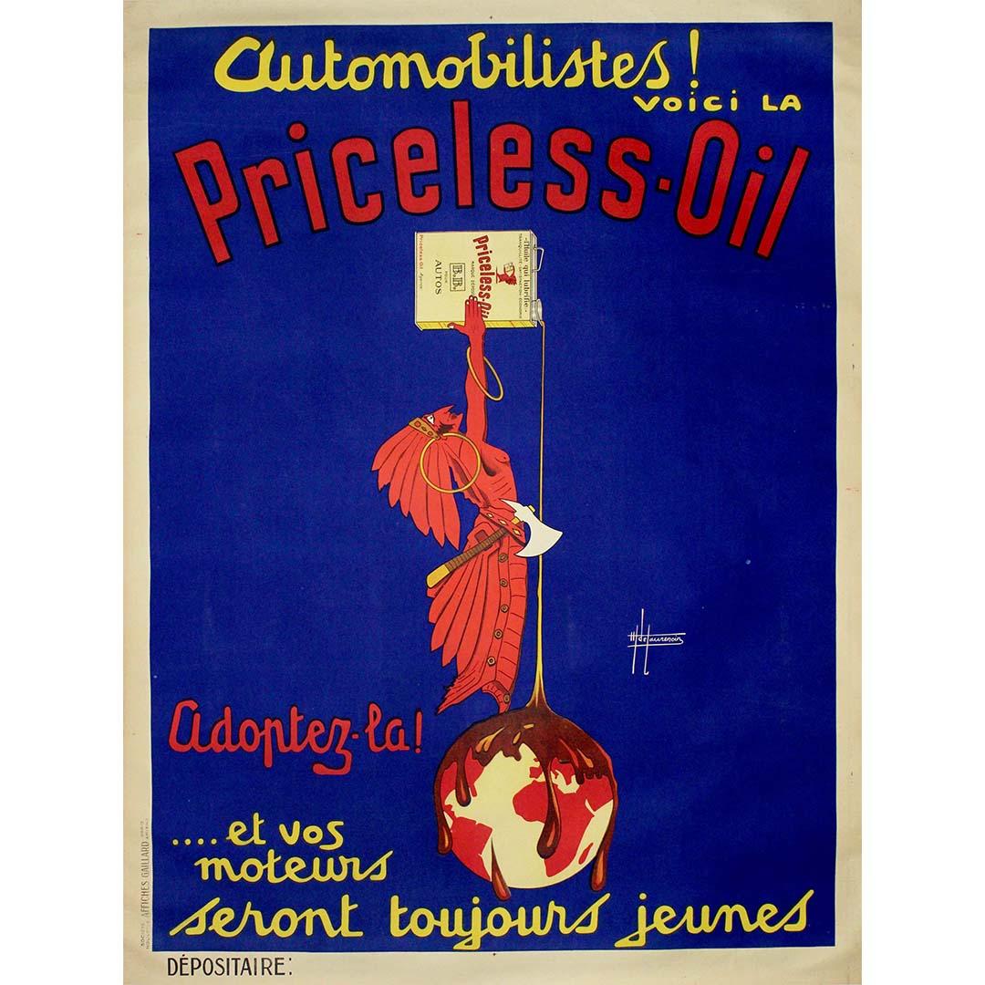 In der fesselnden Welt der Vintage-Plakatkunst ist das Originalplakat von Henri de Laurencin aus dem Jahr 1928 für "Automobiliste! Voici la Priceless-Oil, Adoptez-là!" nimmt uns mit auf eine Zeitreise in eine Ära, in der Automobile Ikonen der