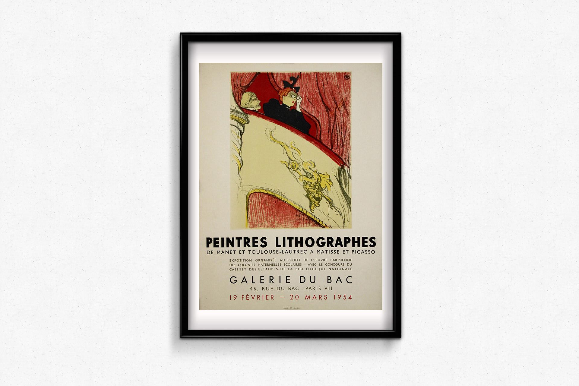 Cette affiche d'exposition originale de 1954, imprimée par les célèbres Mourlot Studios, a été créée pour l'exposition Peintres Lithographes : De Manet et Toulouse-Lautrec à Matisse et Picasso, qui s'est tenue à la Galerie du BacS à Paris.