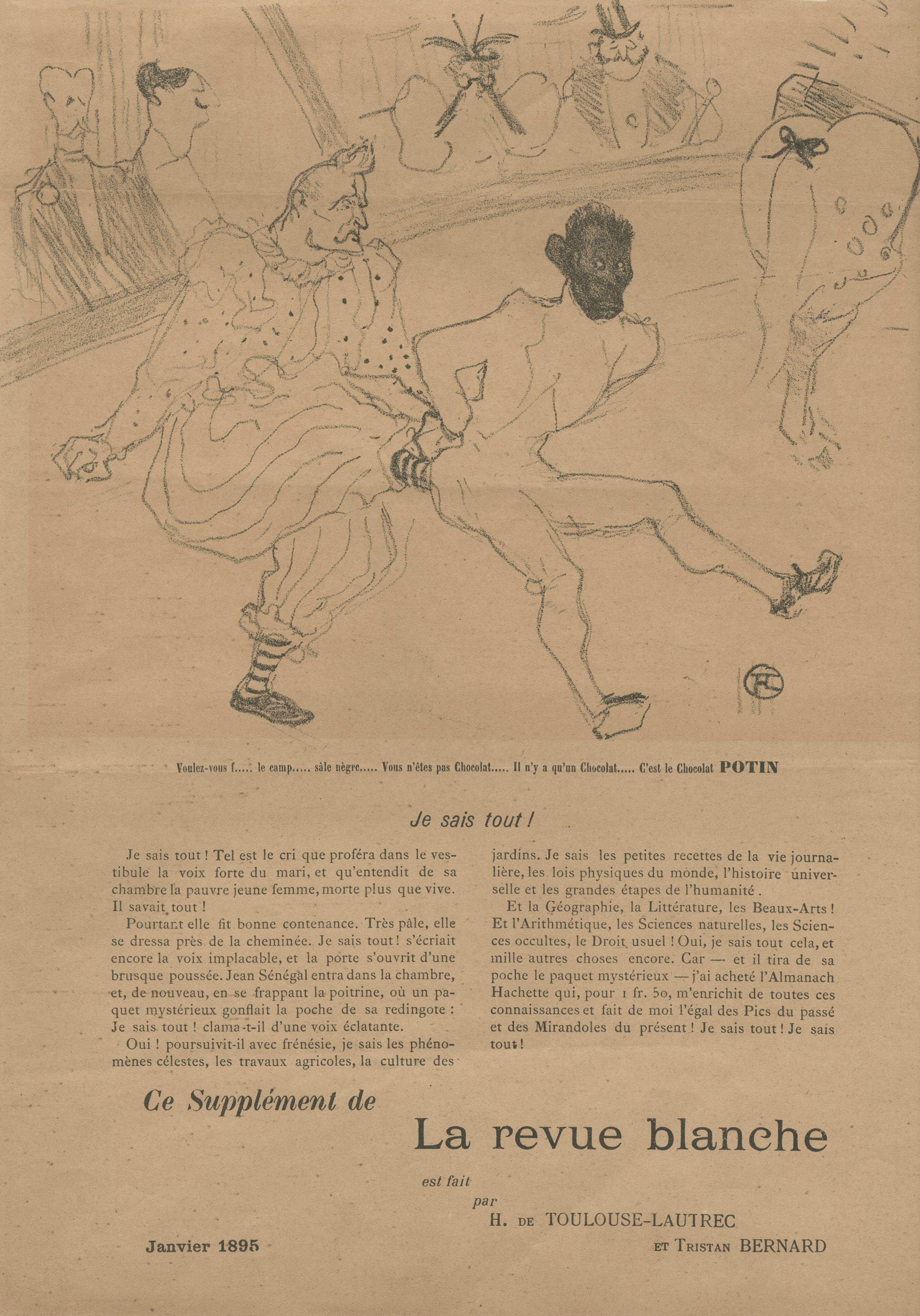 Anna Held, dans Toutes ces Dames au Theatre, recto and Footit et Chocolat, verso
Lithograph, printed on newsprint, 1894
Monogramed in the stone (see photo)
Published in La revue Blanche, in the NIB supplement which accompanied the January 1895