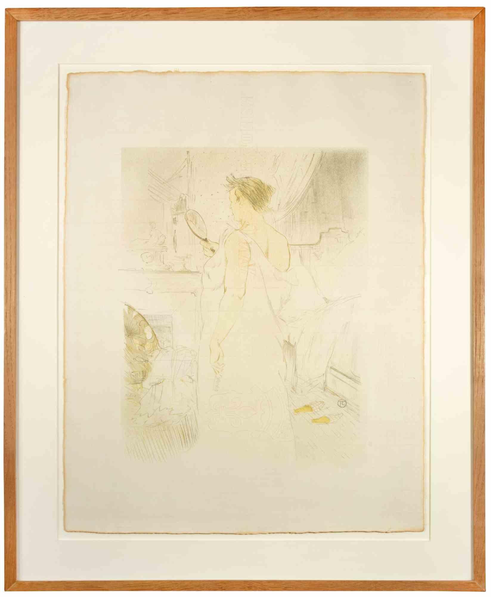 Femme à la Glace-La Glace à Main - Lithographie d'après H. de Toulouse-Lautrec - Beige Figurative Print par Henri de Toulouse-Lautrec