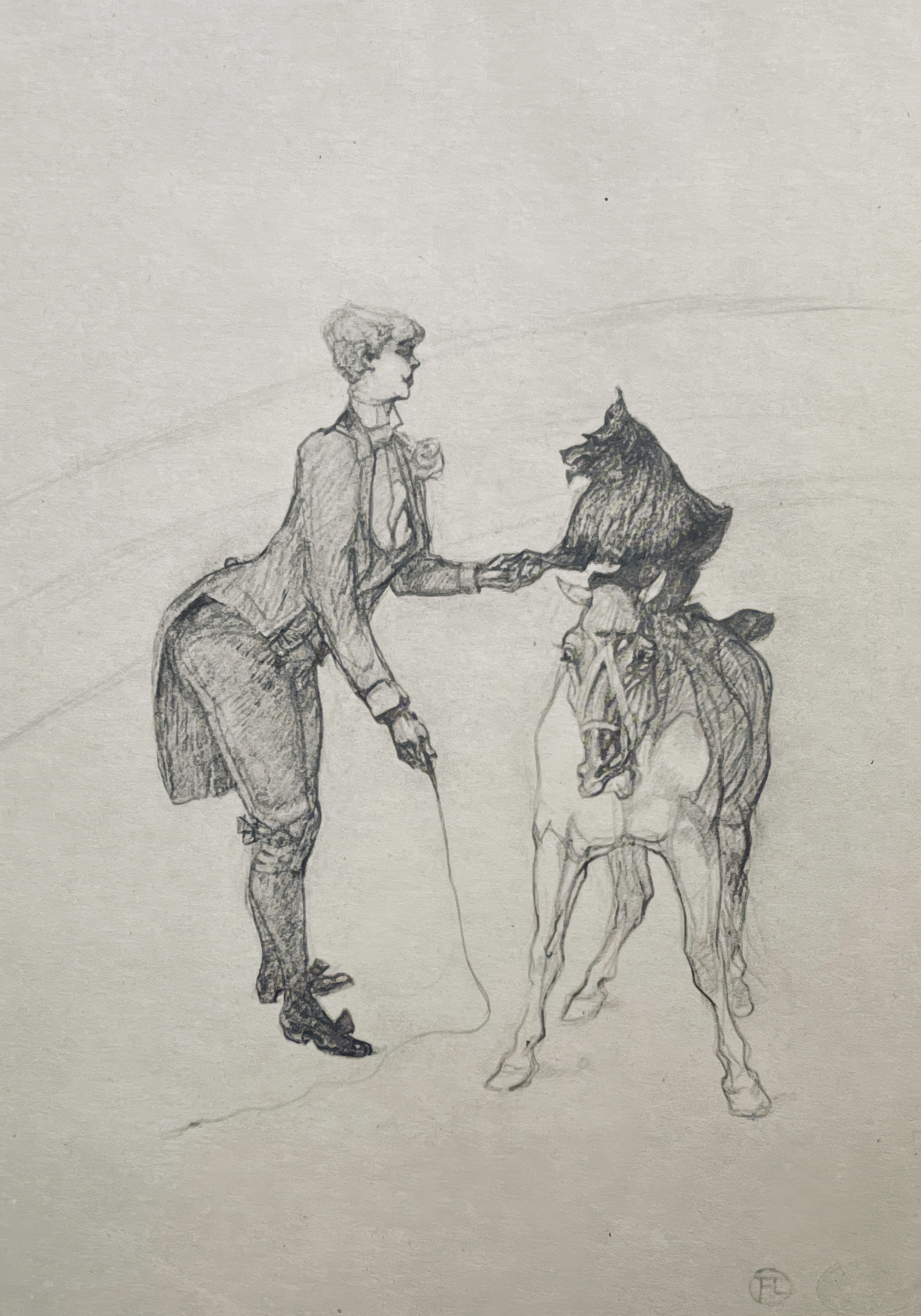 This exquisite lithograph after Henri de Toulouse-Lautrec (1864–1901), titled Entraineur feminin (Female Trainer), from the folio Henri de Toulouse-Lautrec, A Suite of Color Drawings at the Circus, originates from the 1967 edition published and