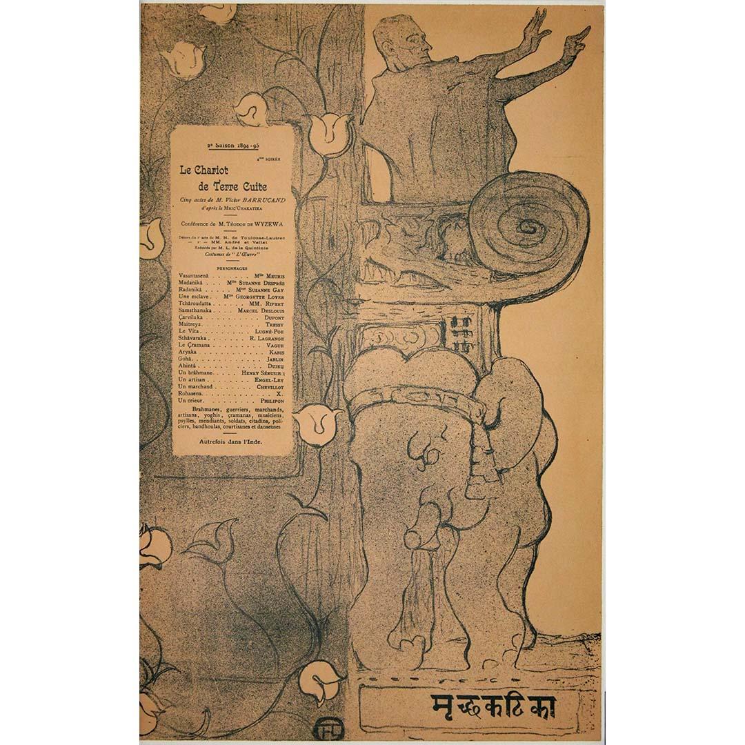 This rare original 1894 poster by Henri de Toulouse-Lautrec, created for the Théâtre de l’Œuvre, serves as both program and artwork for Le Chariot de Terre Cuite (The Little Clay Cart), an ancient Sanskrit drama adapted by Victor Barrucand. Blending