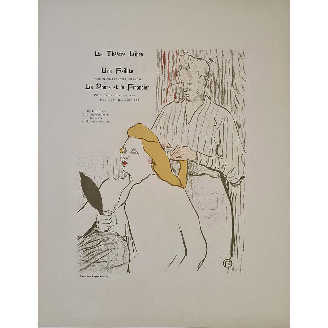 This delicate and rare original lithographic poster by Henri de Toulouse-Lautrec was created around 1895 for a double bill at Le Théâtre Libre, featuring Une Faillite and Le Poète et le Financier. As with much of Lautrec’s work, the composition