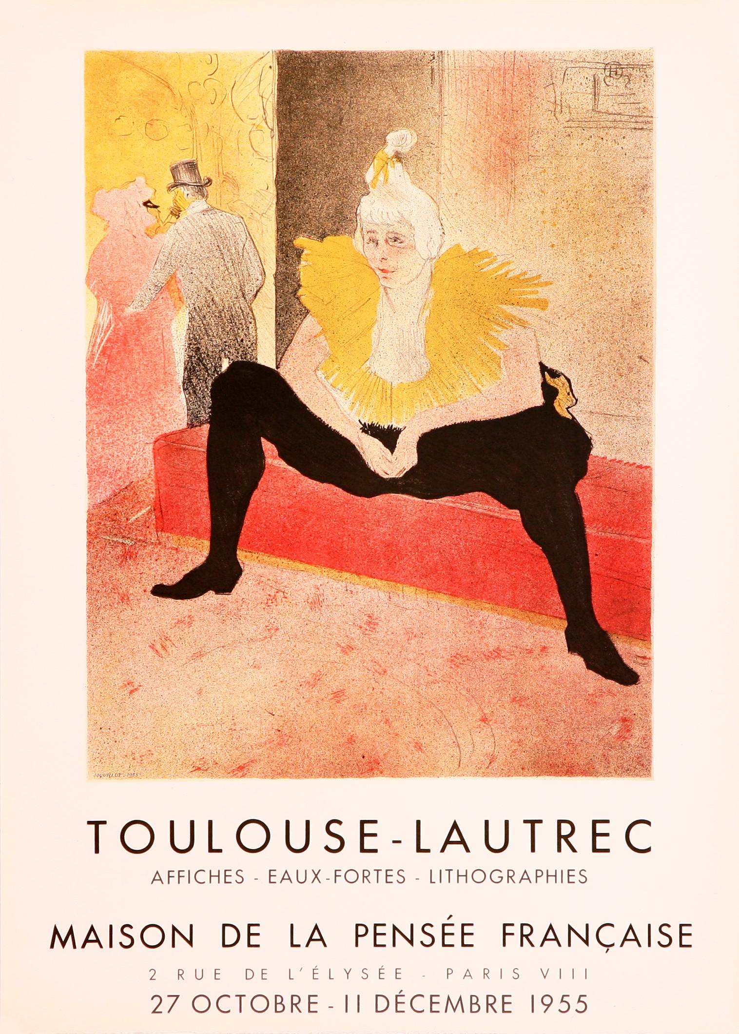 This lithographic poster was designed after Henri de Toulouse-Lautrec for an exhibition of his prints at the Maison de La pensée Française, Paris in 1955. This poster is based on an original lithograph from 1896 entitled "The Seated Clowness".

The