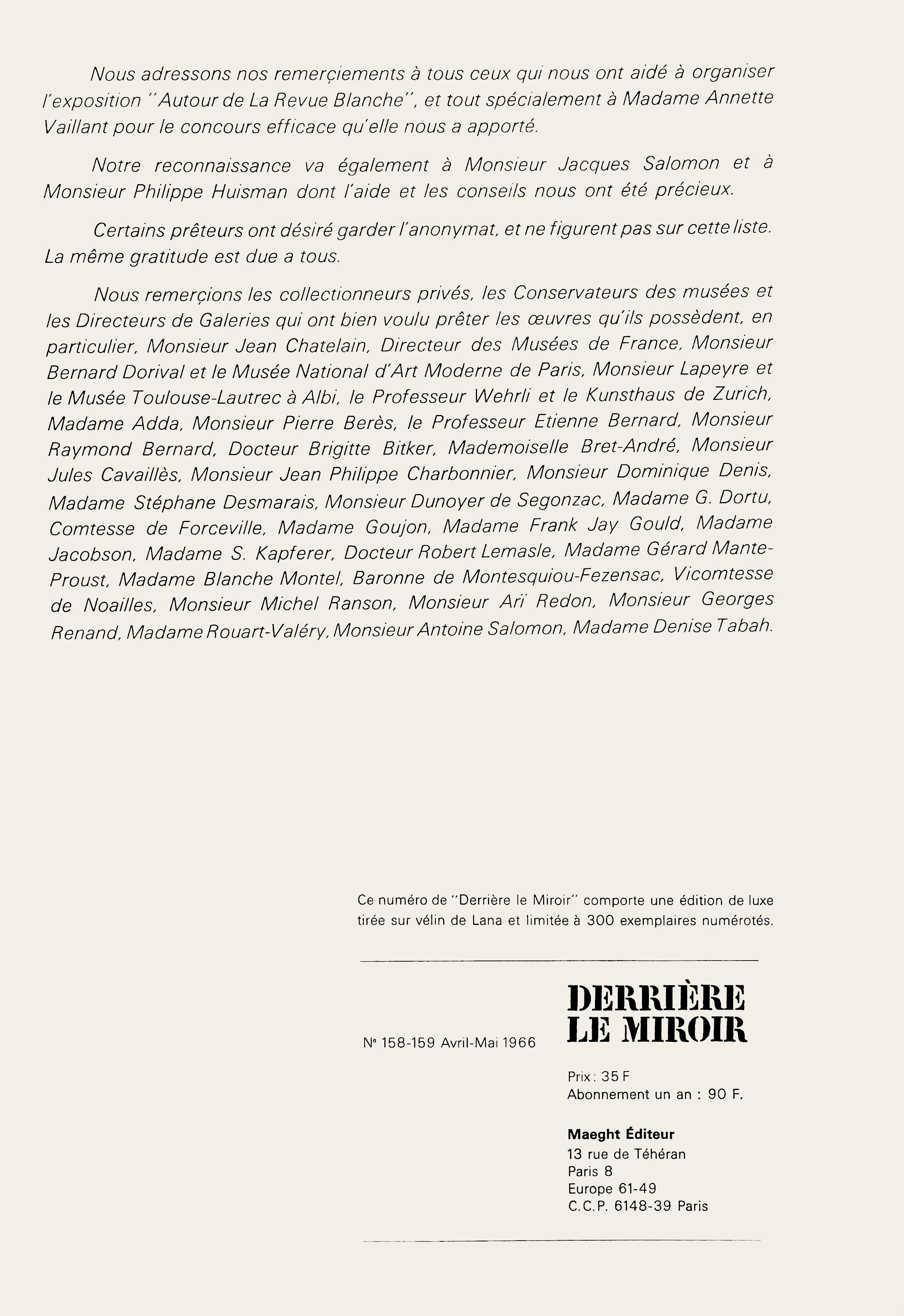 Lithographie sur papier vélin. Inscription : Non signé et non numéroté, tel que publié. Bon état. Notes : Extrait de Derrière le miroir, N° 158-159, 1966. Publié par Aimé Maeght, Éditeur, Paris ; imprimé par les Éditions Pierre à Feu, Galerie