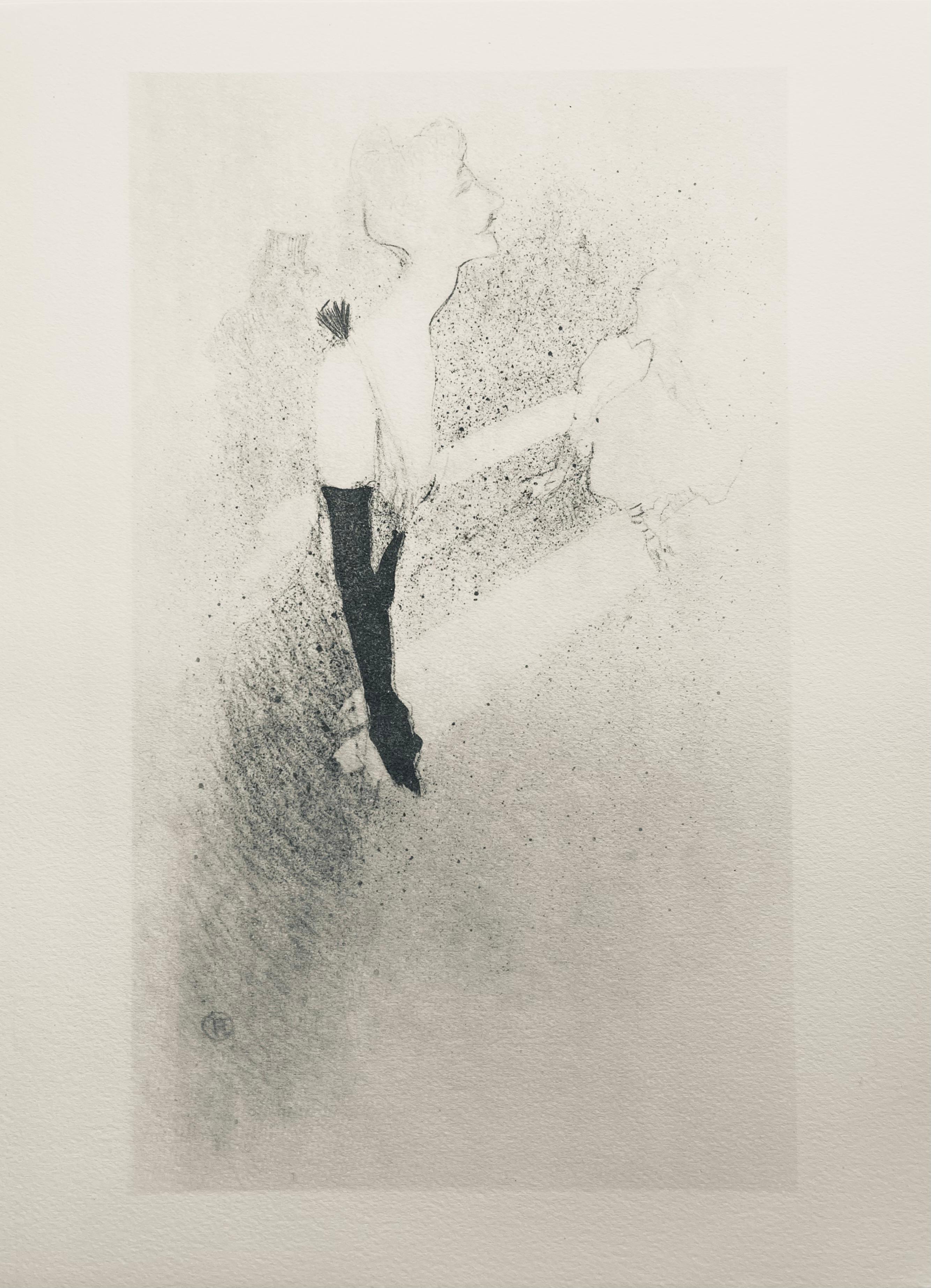 Lithographie et pochoir sur papier vélin Rives BFK.  Non signé et non numéroté, tel que publié. Bon état ; jamais encadré ni monté sur passe-partout. Notes : D'après l'in-folio, Yvette Guilbert vue par Toulouse-Lautrec, 1950. Publié par la Librairie