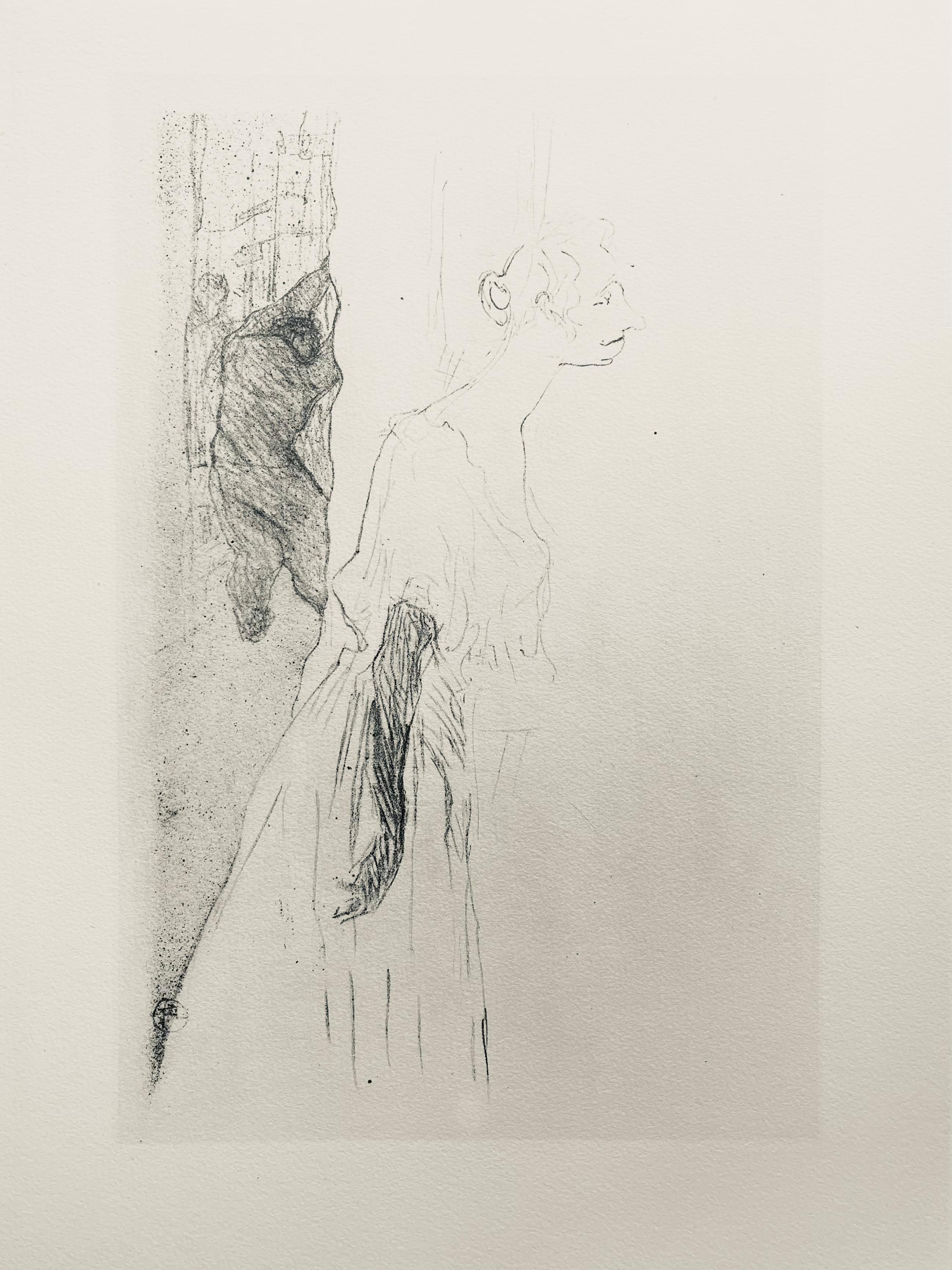 Lithographie et pochoir sur papier vélin Rives BFK.  Non signé et non numéroté, tel que publié. Bon état ; jamais encadré ni monté sur passe-partout. Notes : D'après l'in-folio, Yvette Guilbert vue par Toulouse-Lautrec, 1950. Publié par la Librairie