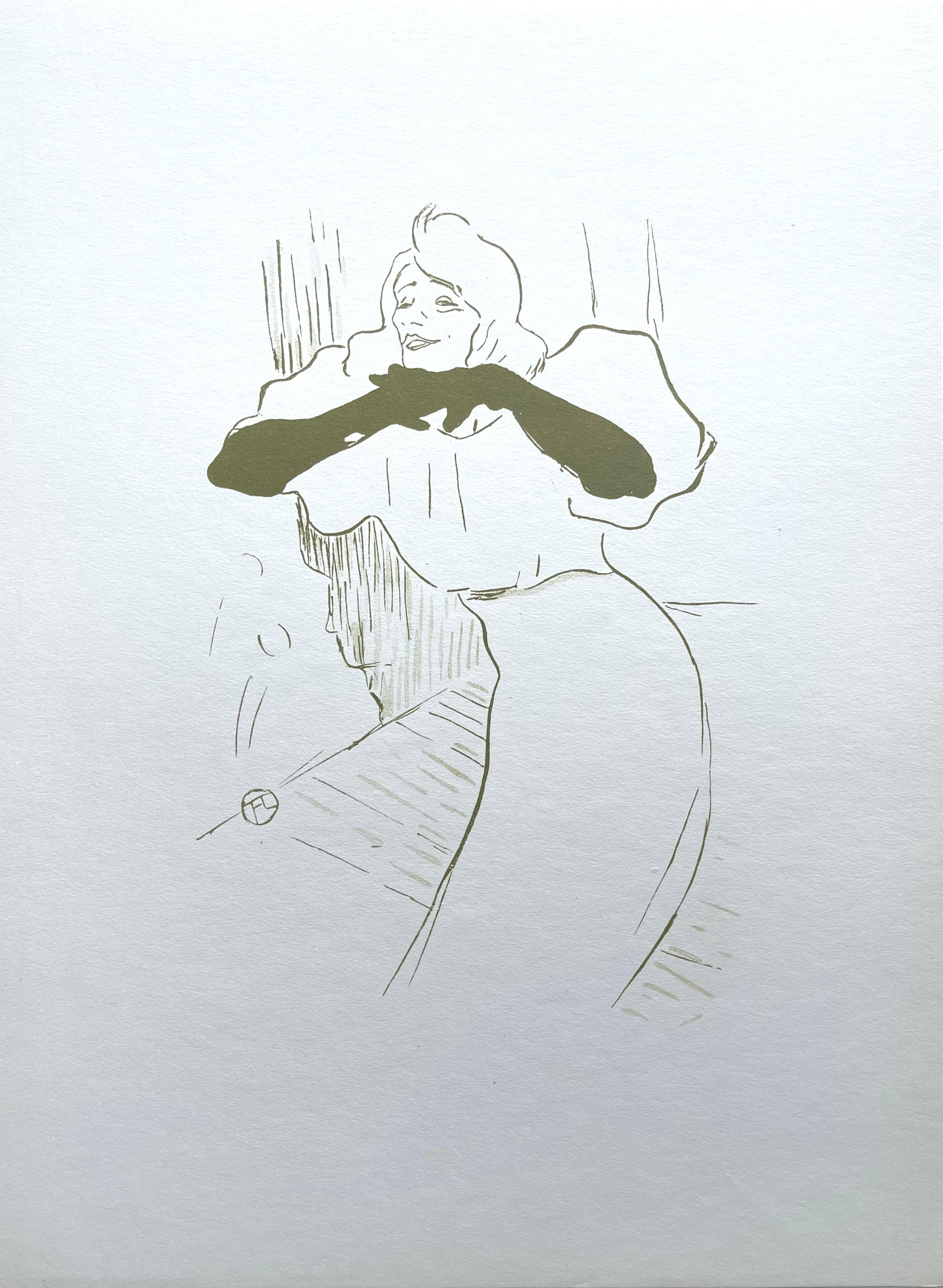 Lithographie et pochoir sur papier vélin Rives BFK.  Non signé et non numéroté, tel que publié. Bon état ; jamais encadré ni monté sur passe-partout. Notes : D'après l'in-folio, Yvette Guilbert vue par Toulouse-Lautrec, 1950. Publié par la Librairie