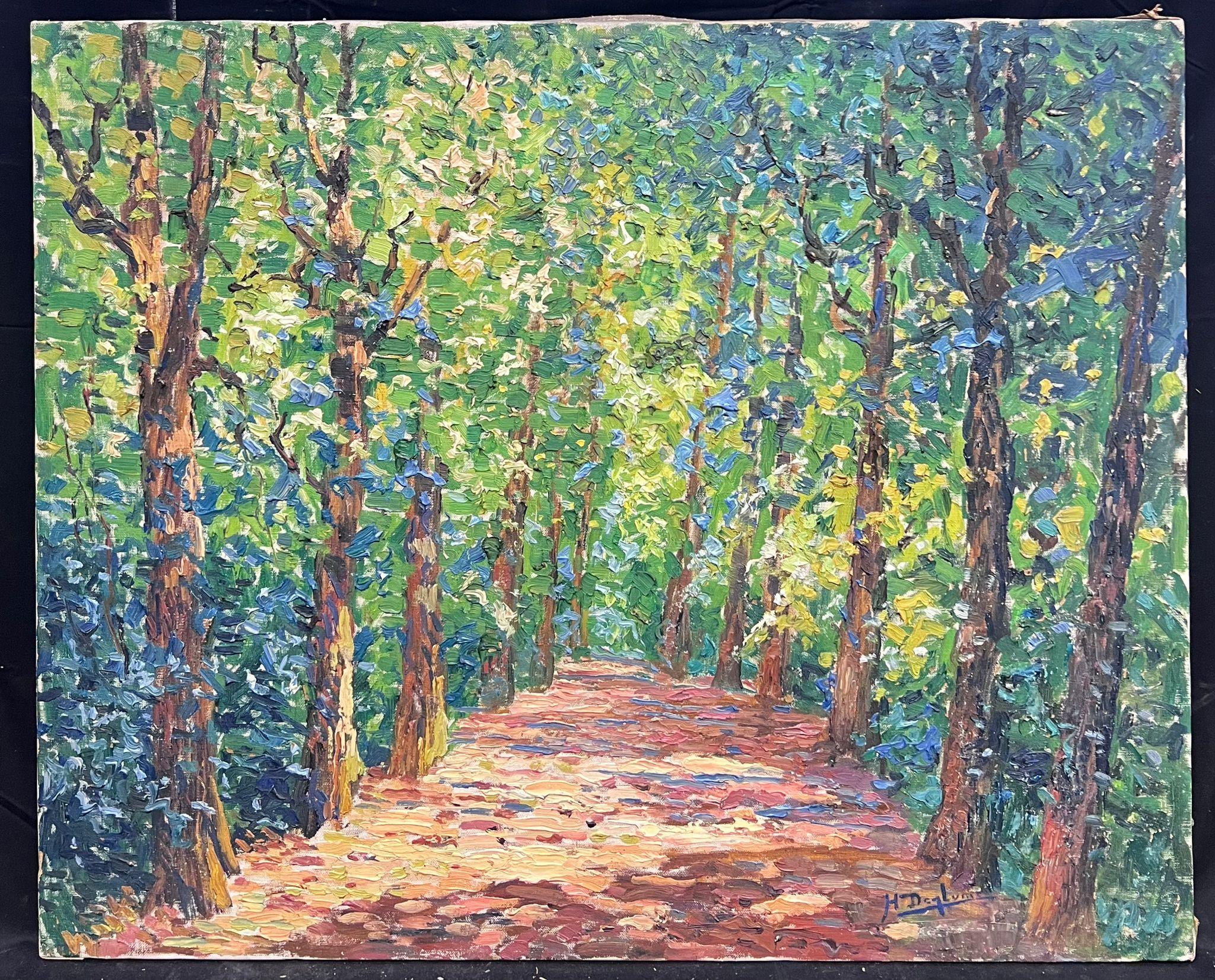 1930 Postimpresionista belga Firmado Óleo Luz moteada Sendero del bosque Árboles - Painting de Henri Deglume