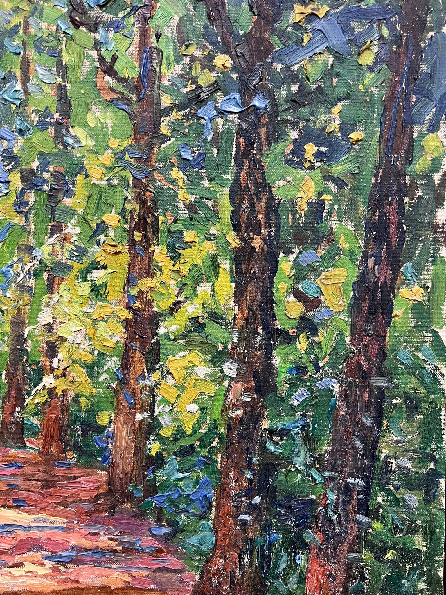 1930 Postimpresionista belga Firmado Óleo Luz moteada Sendero del bosque Árboles - Painting Posimpresionista de Henri Deglume