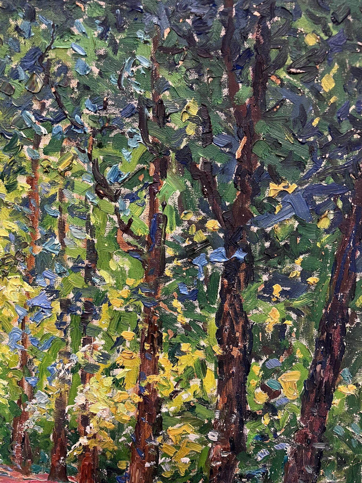 1930 Postimpresionista belga Firmado Óleo Luz moteada Sendero del bosque Árboles - Abstract Painting Gris de Henri Deglume