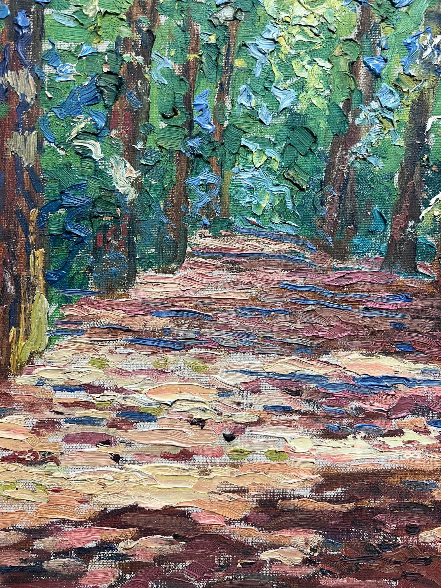 1930 Postimpresionista belga Firmado Óleo Luz moteada Sendero del bosque Árboles 1