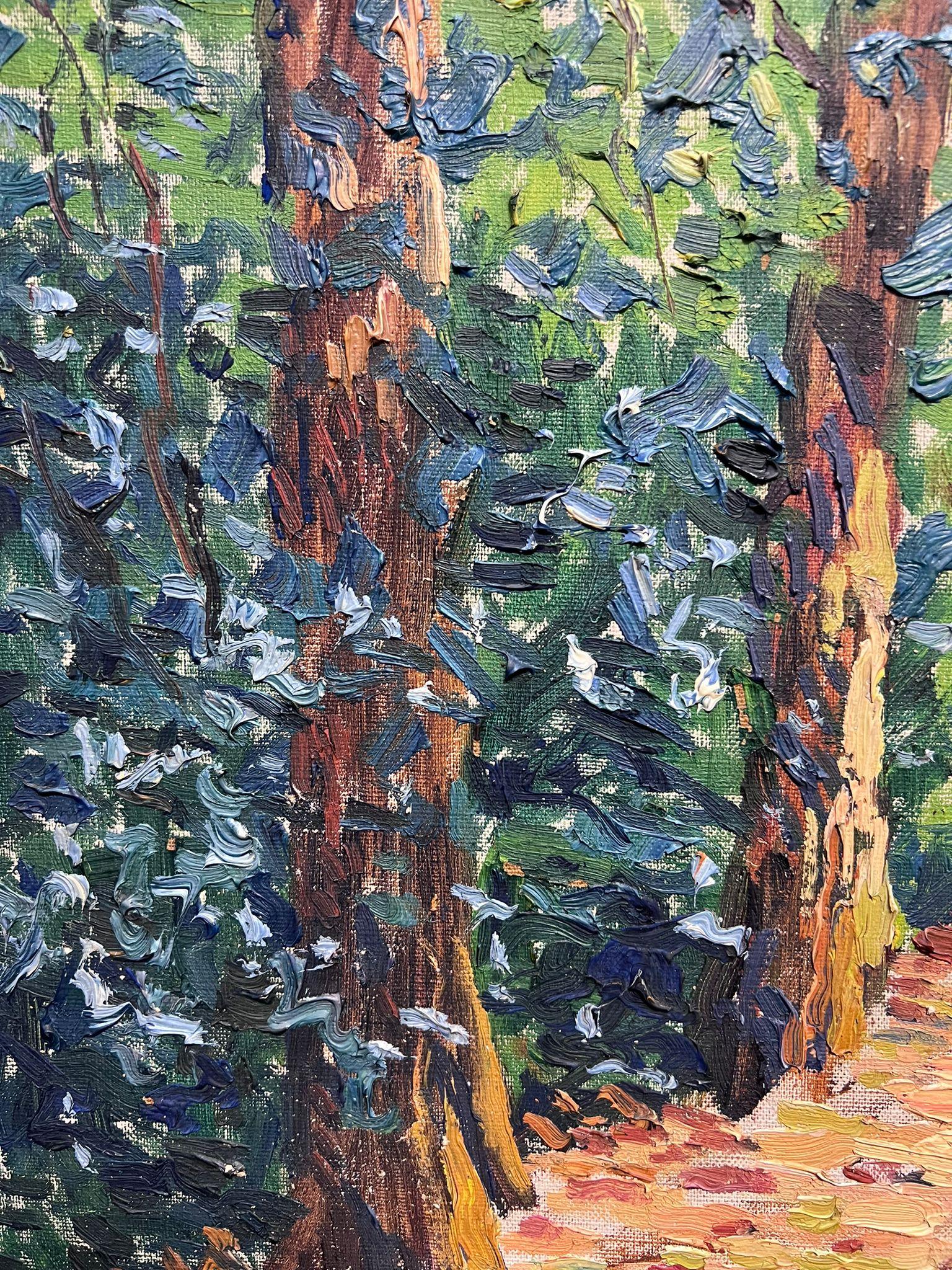 1930 Postimpresionista belga Firmado Óleo Luz moteada Sendero del bosque Árboles 2