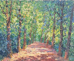 1930 Postimpresionista belga Firmado Óleo Luz moteada Sendero del bosque Árboles