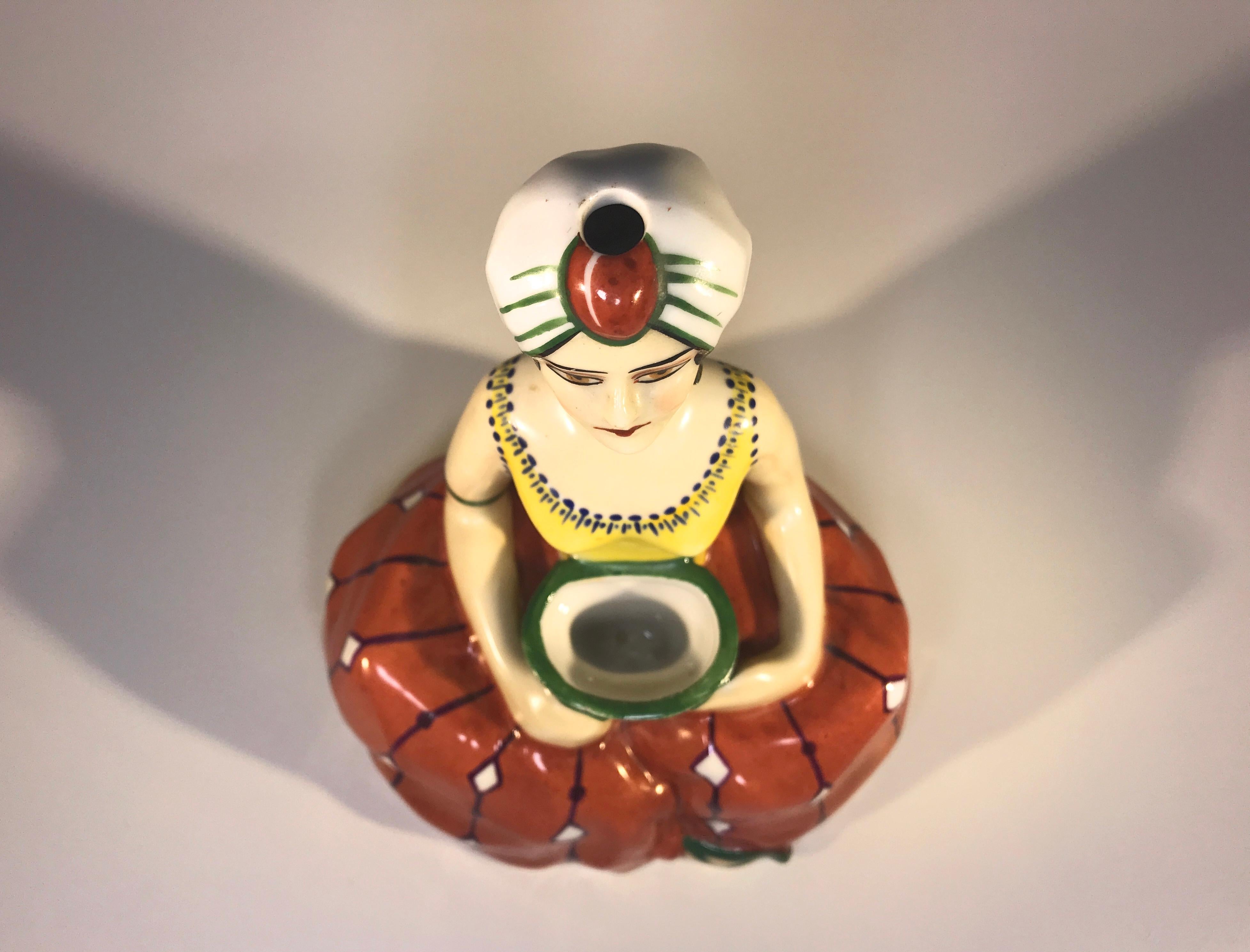 Glazed Henri Delcourt, Liane, Art Deco French Ceramic Inkwell of Woman in Turban 1920s