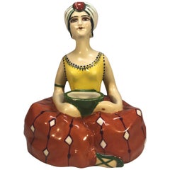 Henri Delcourt, Liane, Art Deco French Ceramic Inkwell of Woman in Turban 1920s