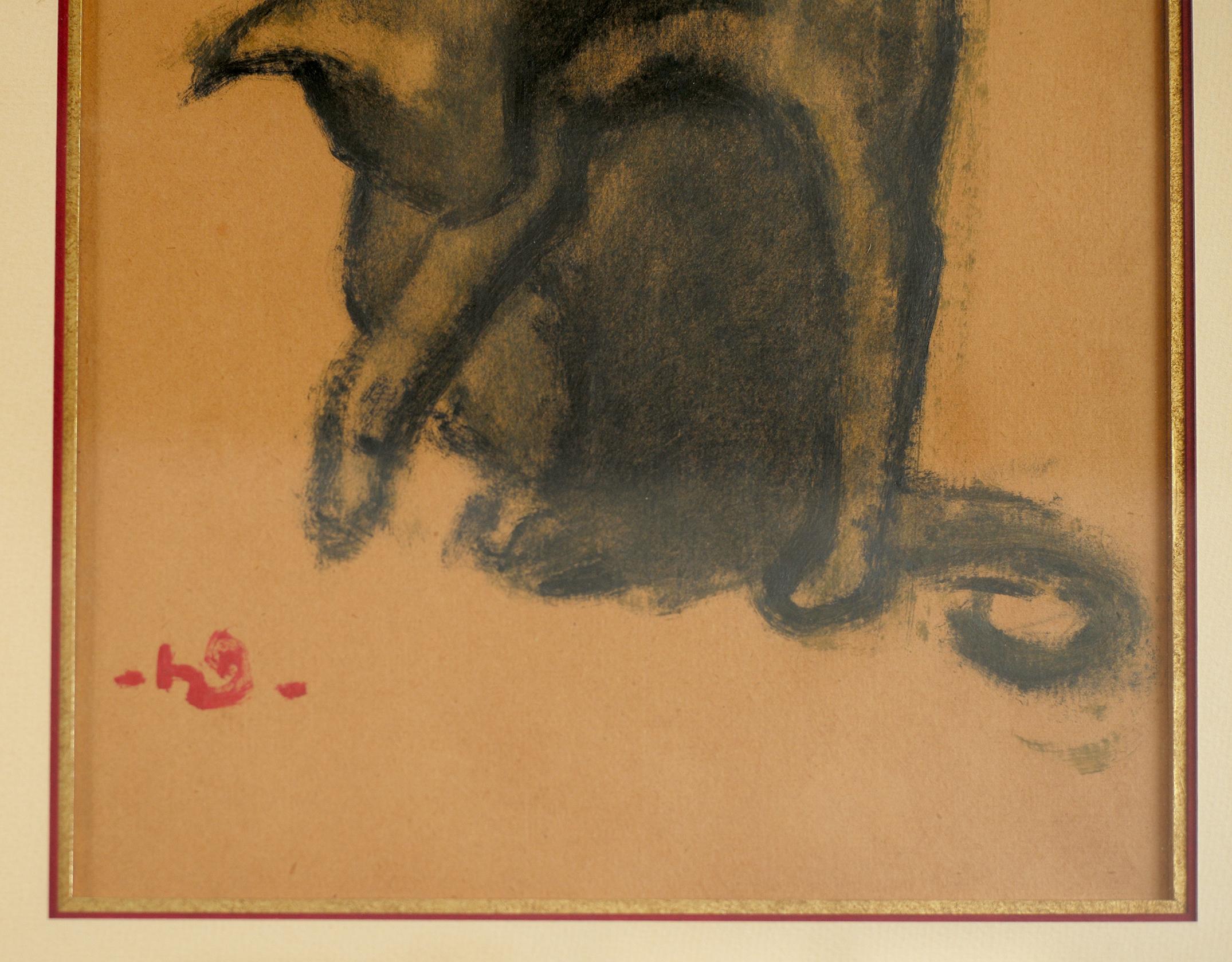 Henri Deluermoz (1876-1943), Licking cat, France, 1920. Gouache on bistre paper, signed with the red monogram 