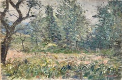 Superbe paysage à l'huile impressionniste français Wild Meadows & Trees des années 1900, signé