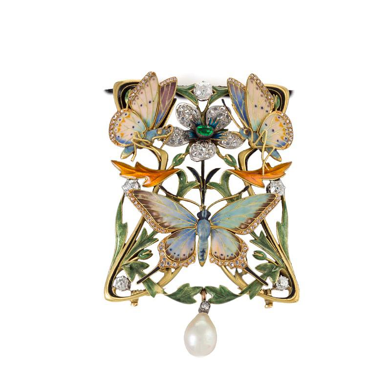 Dating from the Art Nouveau period, this sophisticated gold and platinum plaque-de-cou necklace by artist Henri Dubret is a gem-set and enamel masterpiece of polychrome butterflies, flowers, and foliage. A diamond blossom centering an oval-cut