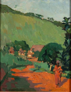 Vibrant Haitian Landscape with Figures on a Red Earth Path