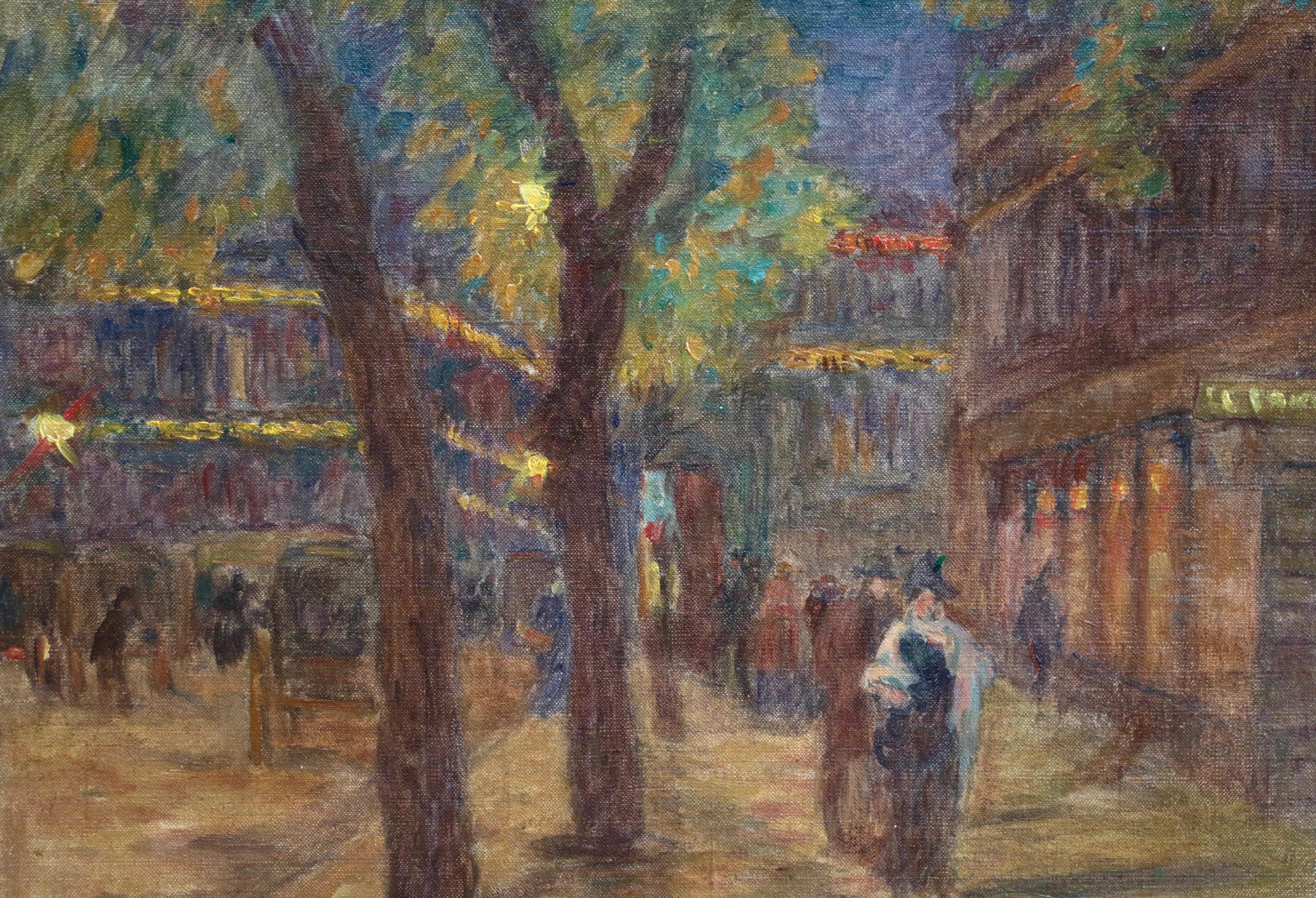A lovely evening painting from the famous street in Paris showing elegant figures in a  Parisian scene. Oil on canvas, signed lower right, 1899. This painting is not currently framed but a suitable frame can be sourced if required.

Descendant of an