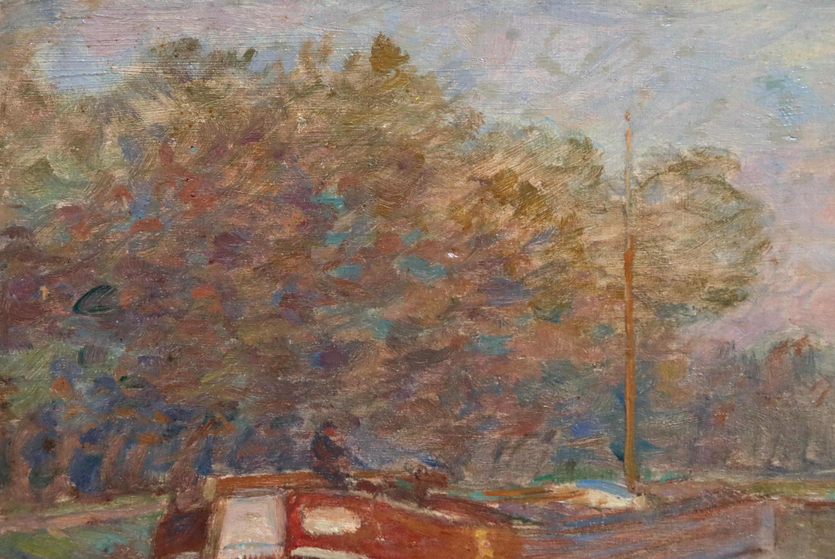 Barcaza en canal, Douai - Óleo del siglo XIX, Barca en paisaje fluvial por Henri Duhem 1