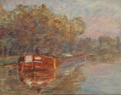 Barcaza en canal, Douai - Óleo del siglo XIX, Barca en paisaje fluvial por Henri Duhem