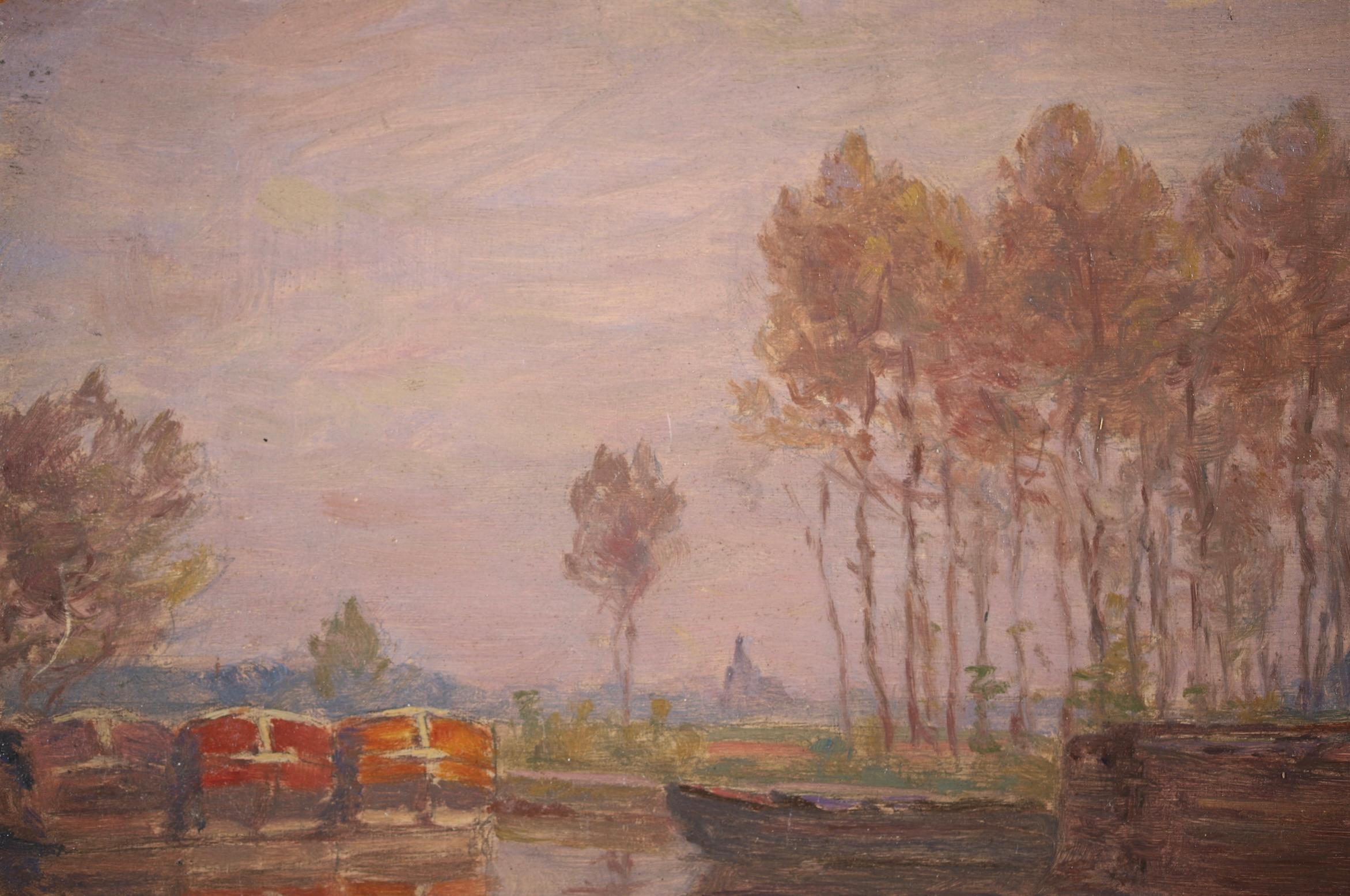 Barges on the River - Impressionist Oil, Boats in Landscape by Henri Duhem 1