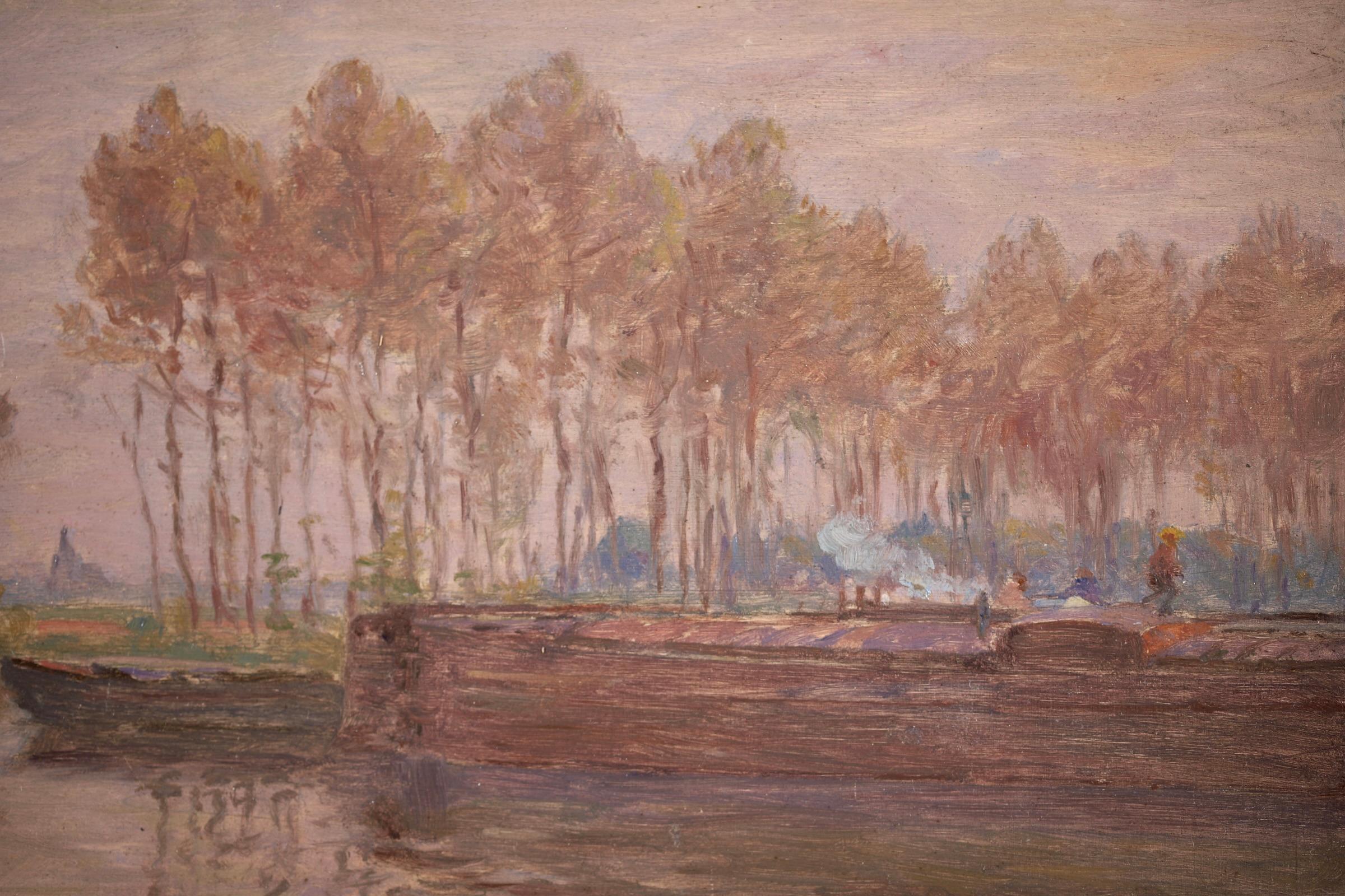 Barges on the River - Impressionist Oil, Boats in Landscape by Henri Duhem 2