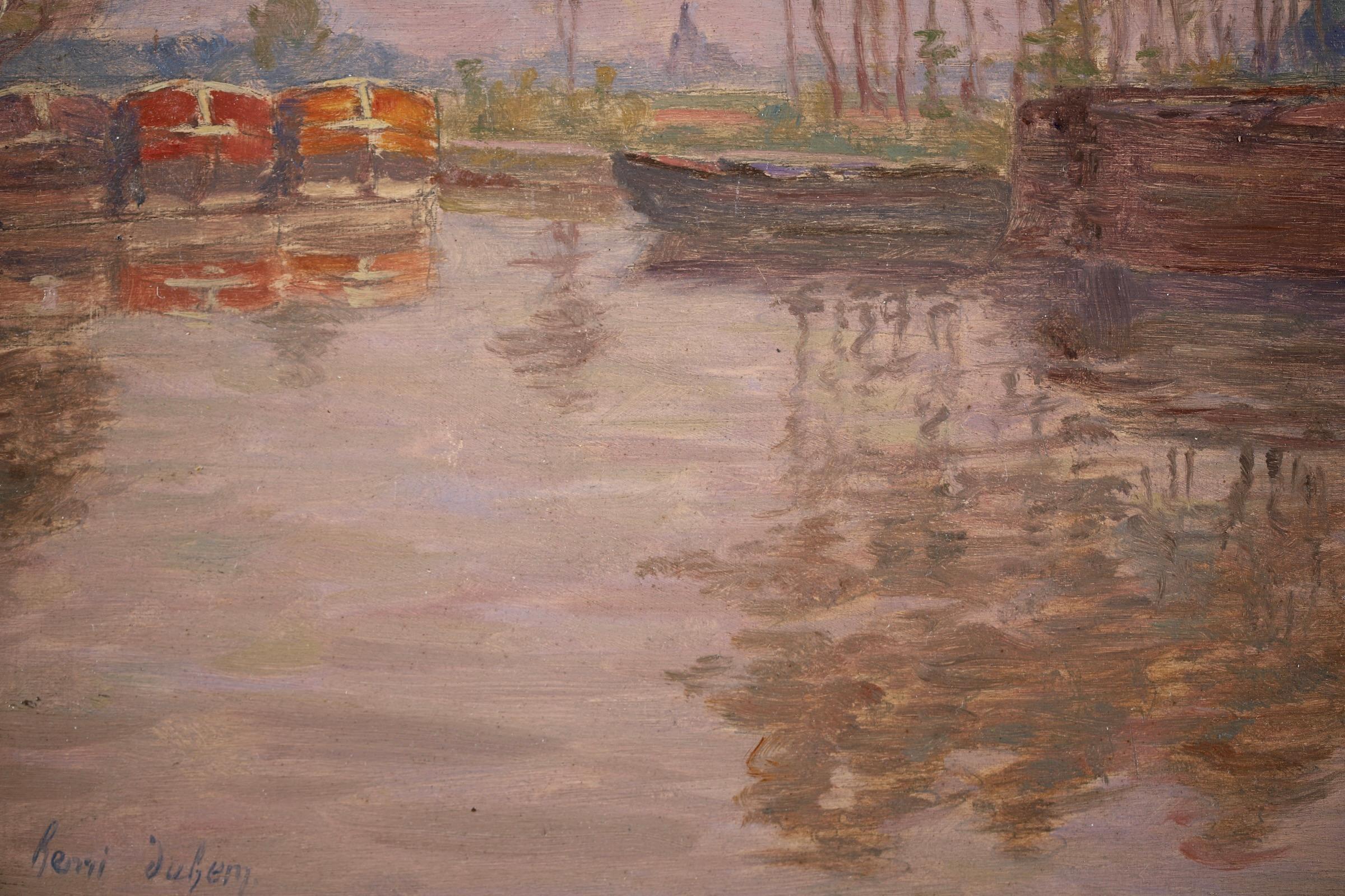 Barges on the River - Impressionist Oil, Boats in Landscape by Henri Duhem 6