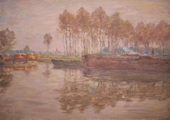Barges on the River - Impressionist Oil, Boats in Landscape by Henri Duhem