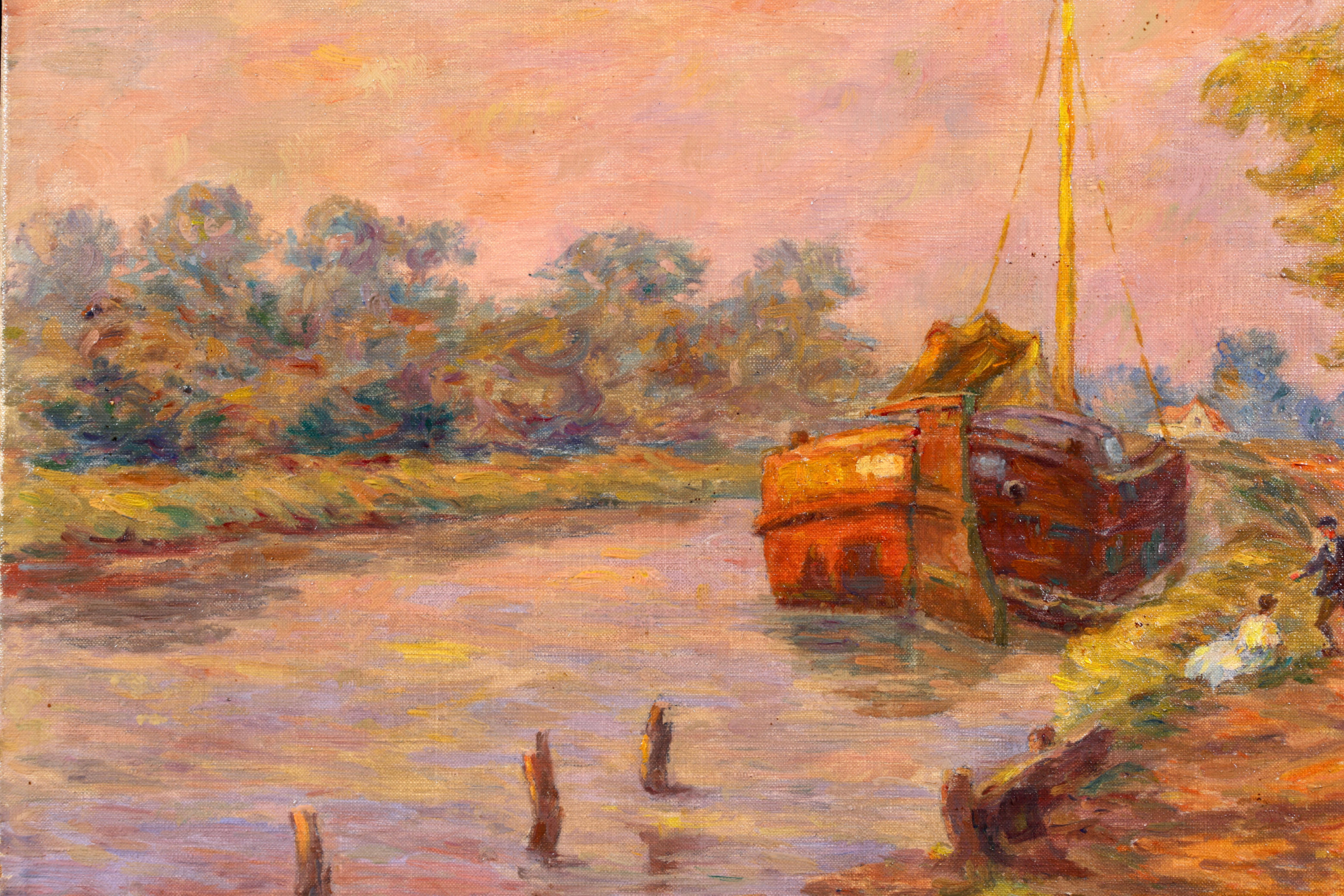Belandre au soleil couchant  Impressionistisches lgemlde, Landschaft von Henri Duhem im Angebot 8