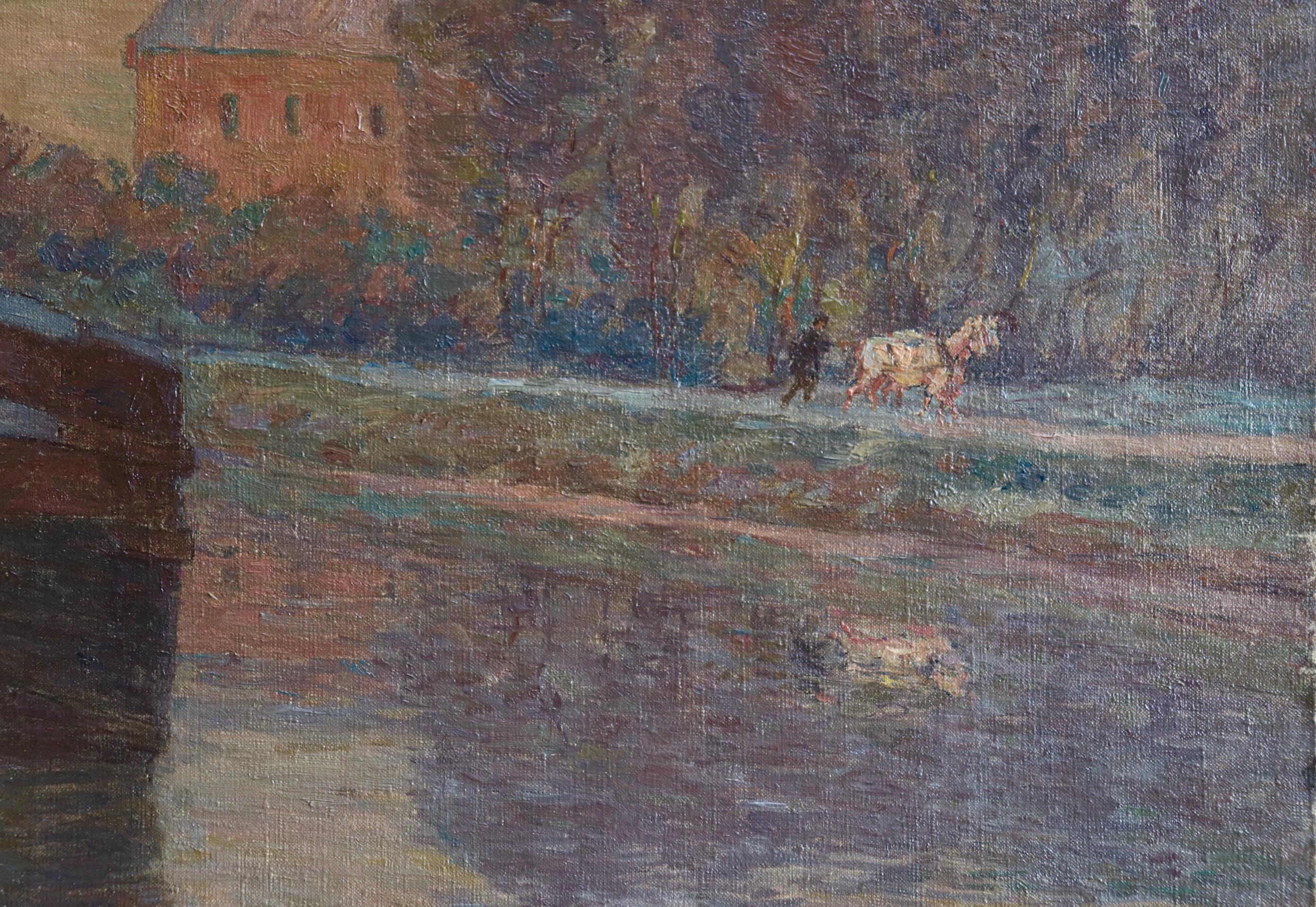 Belandre au Soleil - Matin de Givre - Huile impressionniste, paysage de H Duhem - Impressionnisme Painting par Henri Duhem