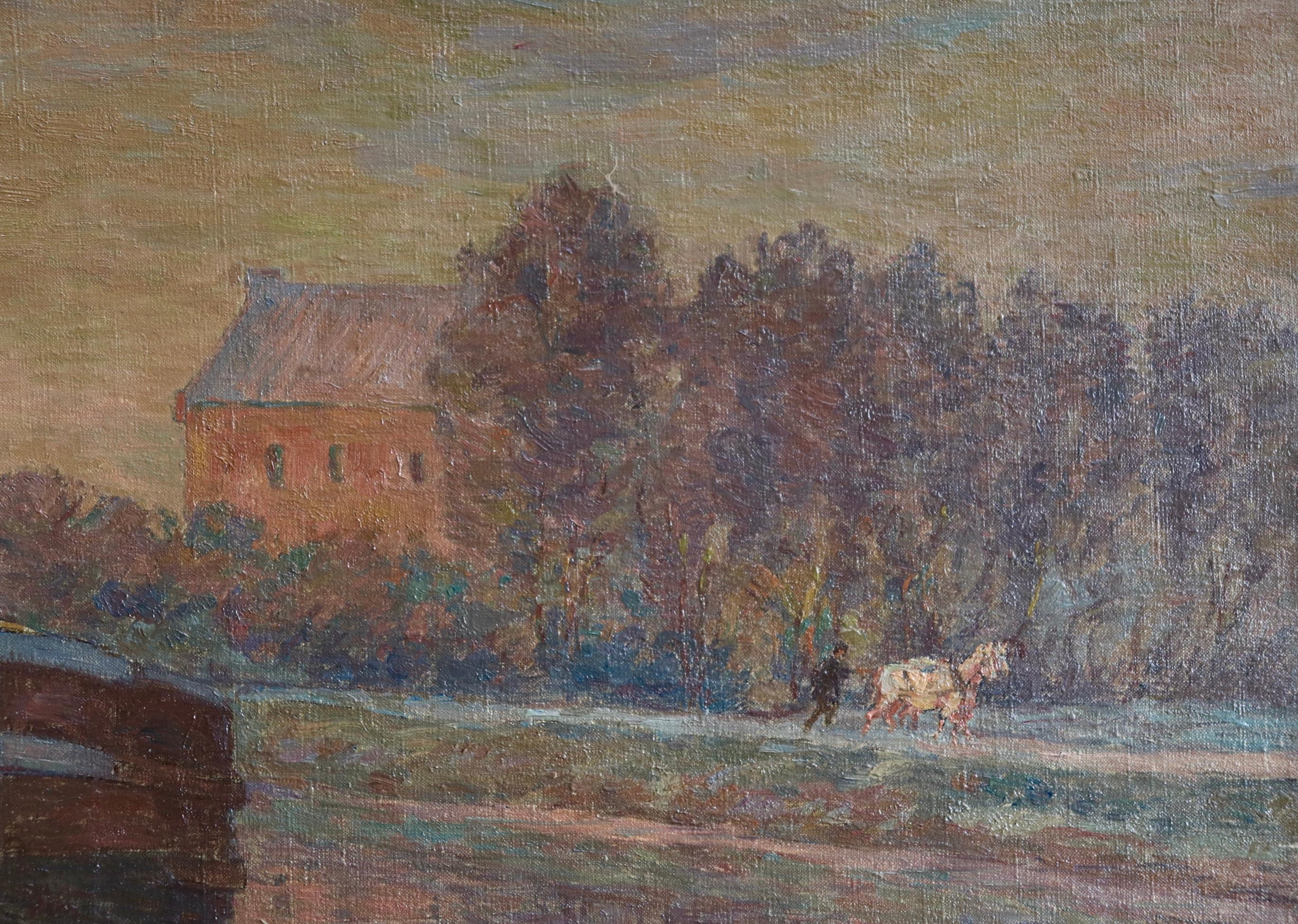 Belandre au Soleil - Matin de Givre - Huile impressionniste, paysage de H Duhem - Gris Landscape Painting par Henri Duhem