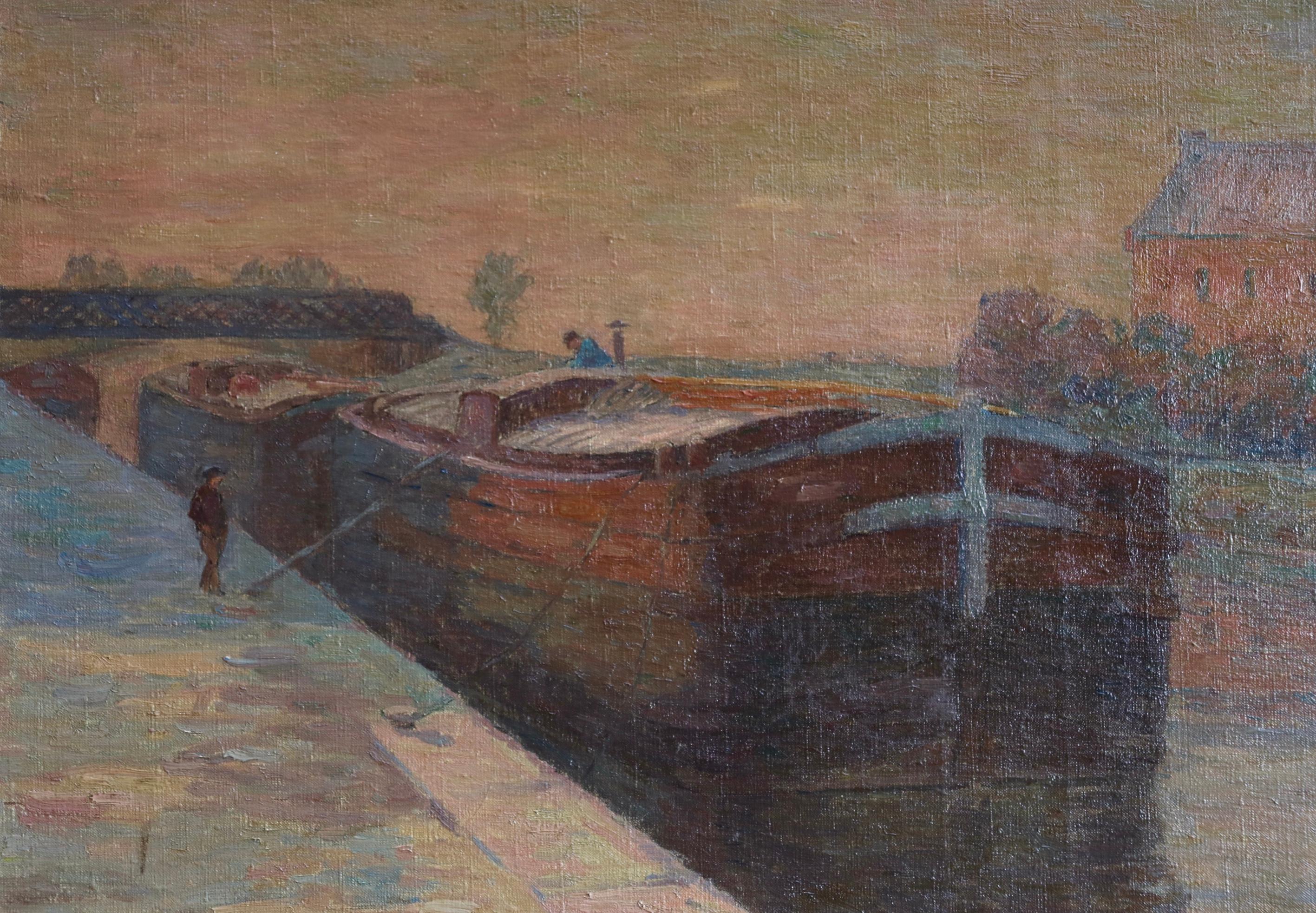 Belandre au Soleil - Matin de Givre - Impressionist Oil, Landscape by H Duhem - Gray Landscape Painting by Henri Duhem
