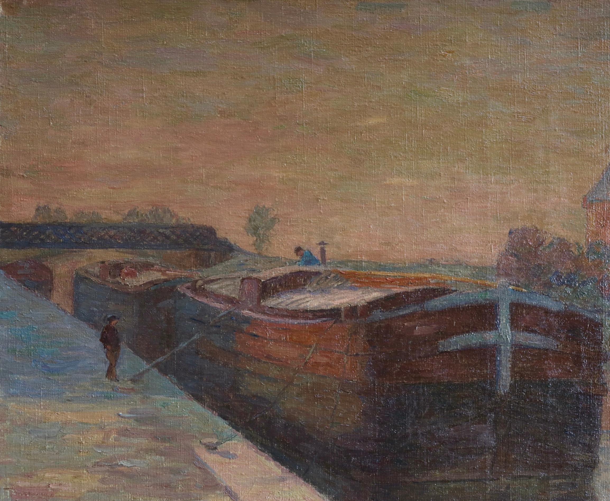 Belandre au Soleil - Matin de Givre - Impressionistisches Ölgemälde, Landschaft von H Duhem im Angebot 1