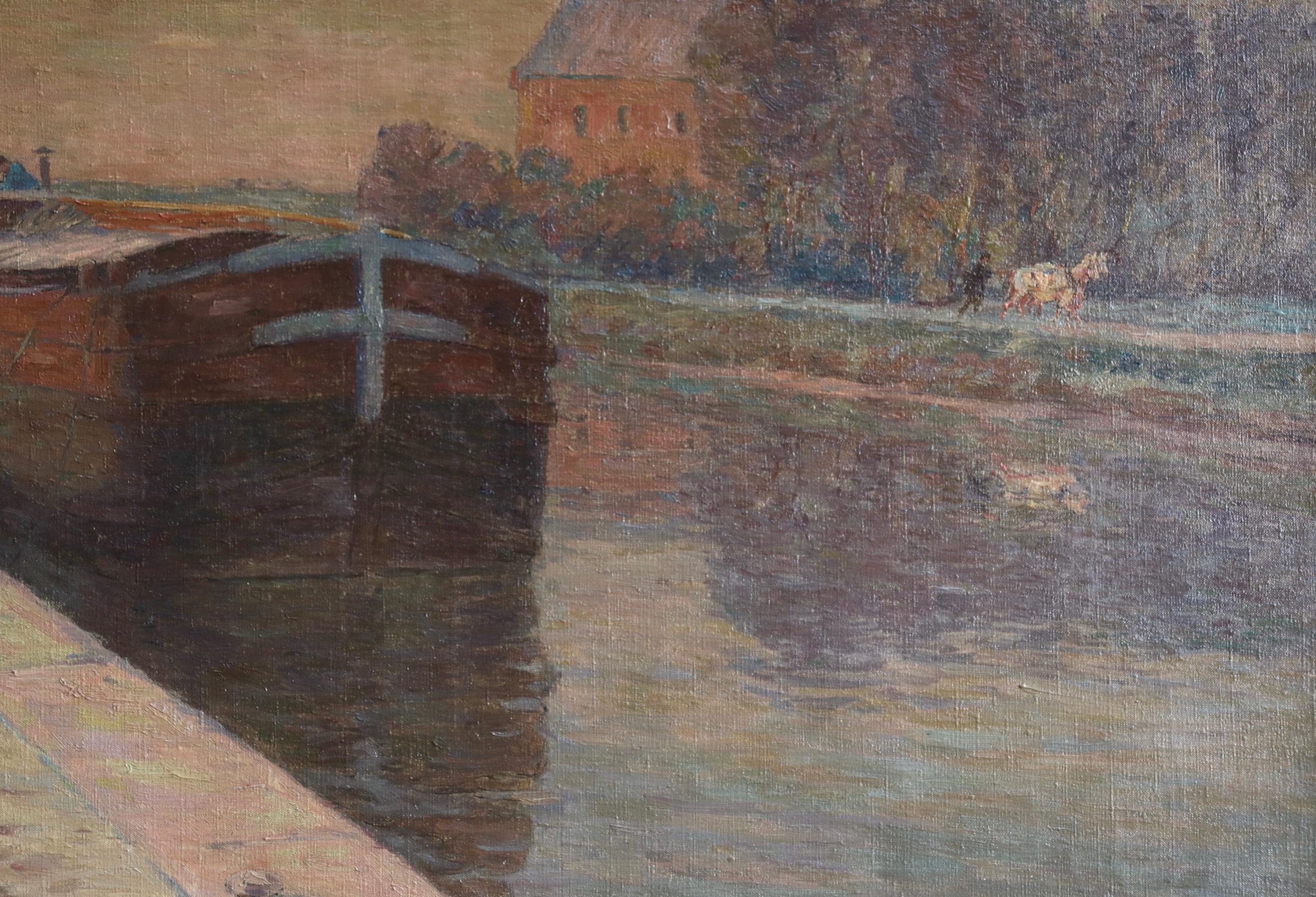 Belandre au Soleil - Matin de Givre - Impressionist Oil, Landscape by H Duhem For Sale 1