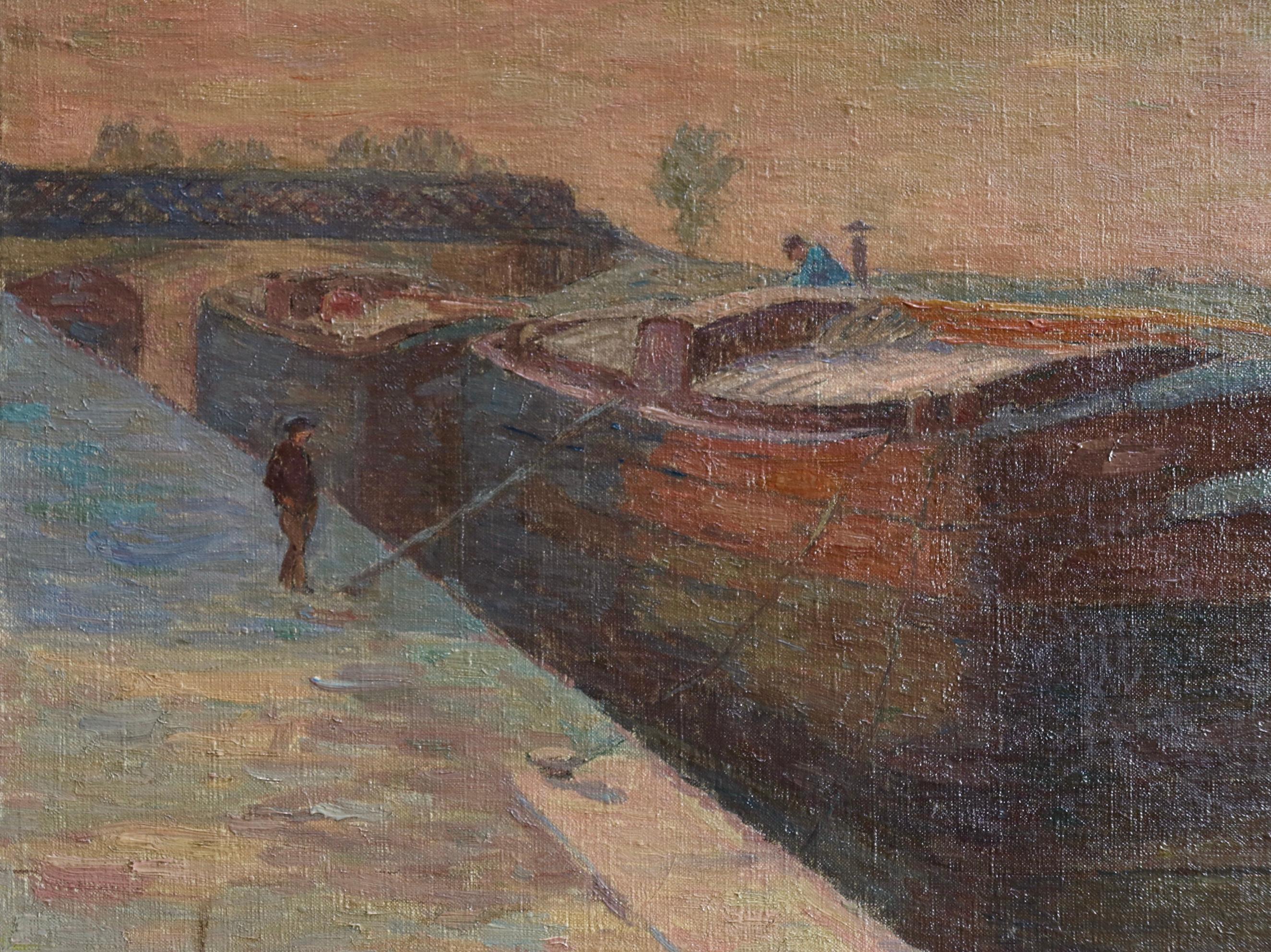 Belandre au Soleil - Matin de Givre - Impressionist Oil, Landscape by H Duhem For Sale 3