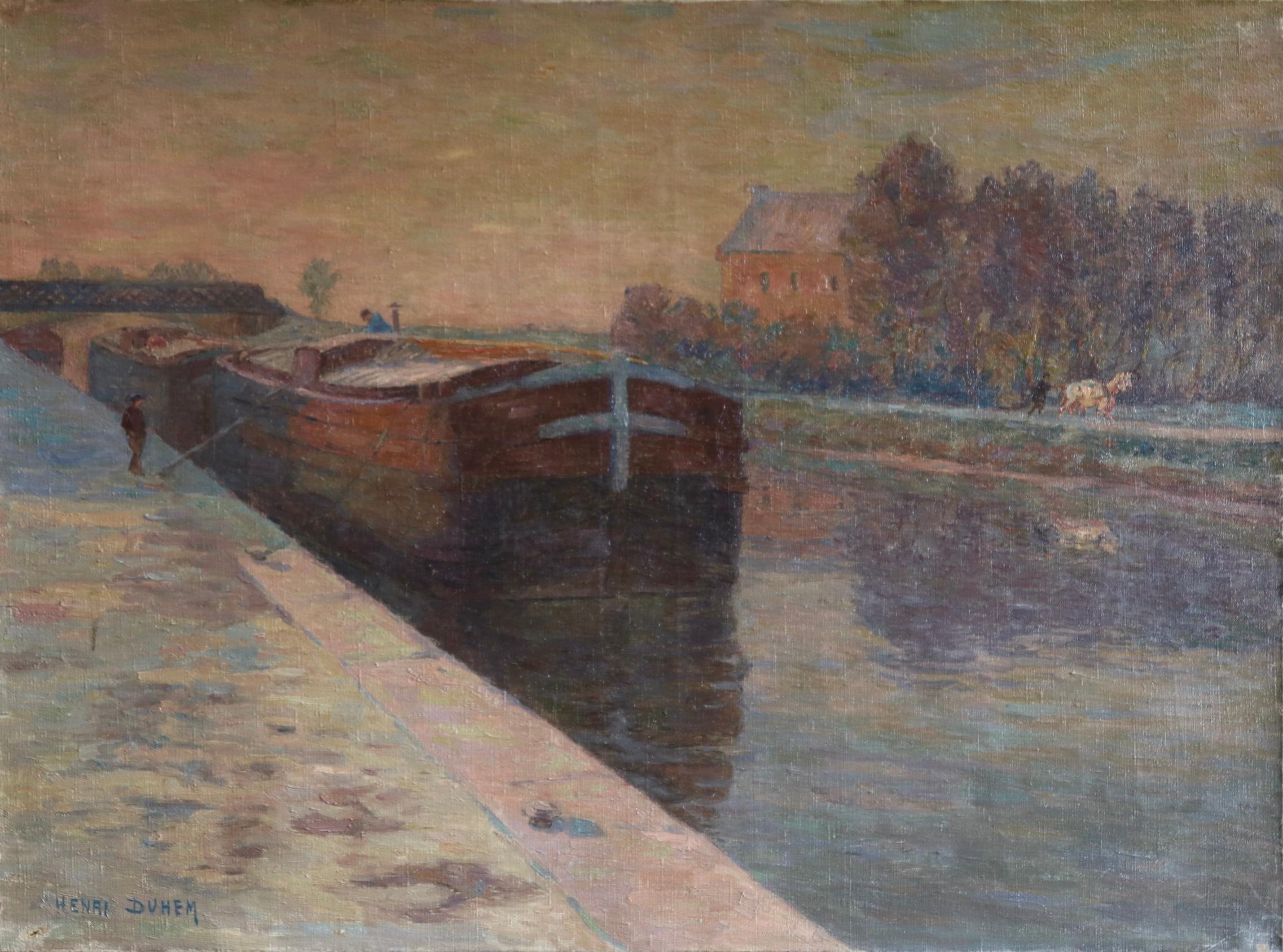 Landscape Painting Henri Duhem - Belandre au Soleil - Matin de Givre - Huile impressionniste, paysage de H Duhem