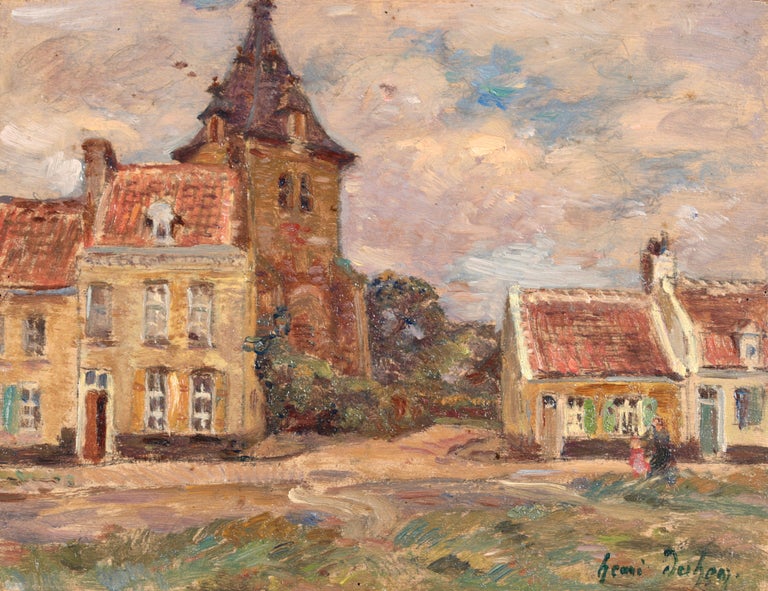 Signed and dated figures in landscape oil on panel by French impressionist painter Henri Duhem. The work depicts a view of a mother and child walking along a path in a French village in Bergues, Northern France. The buildings of the village can be