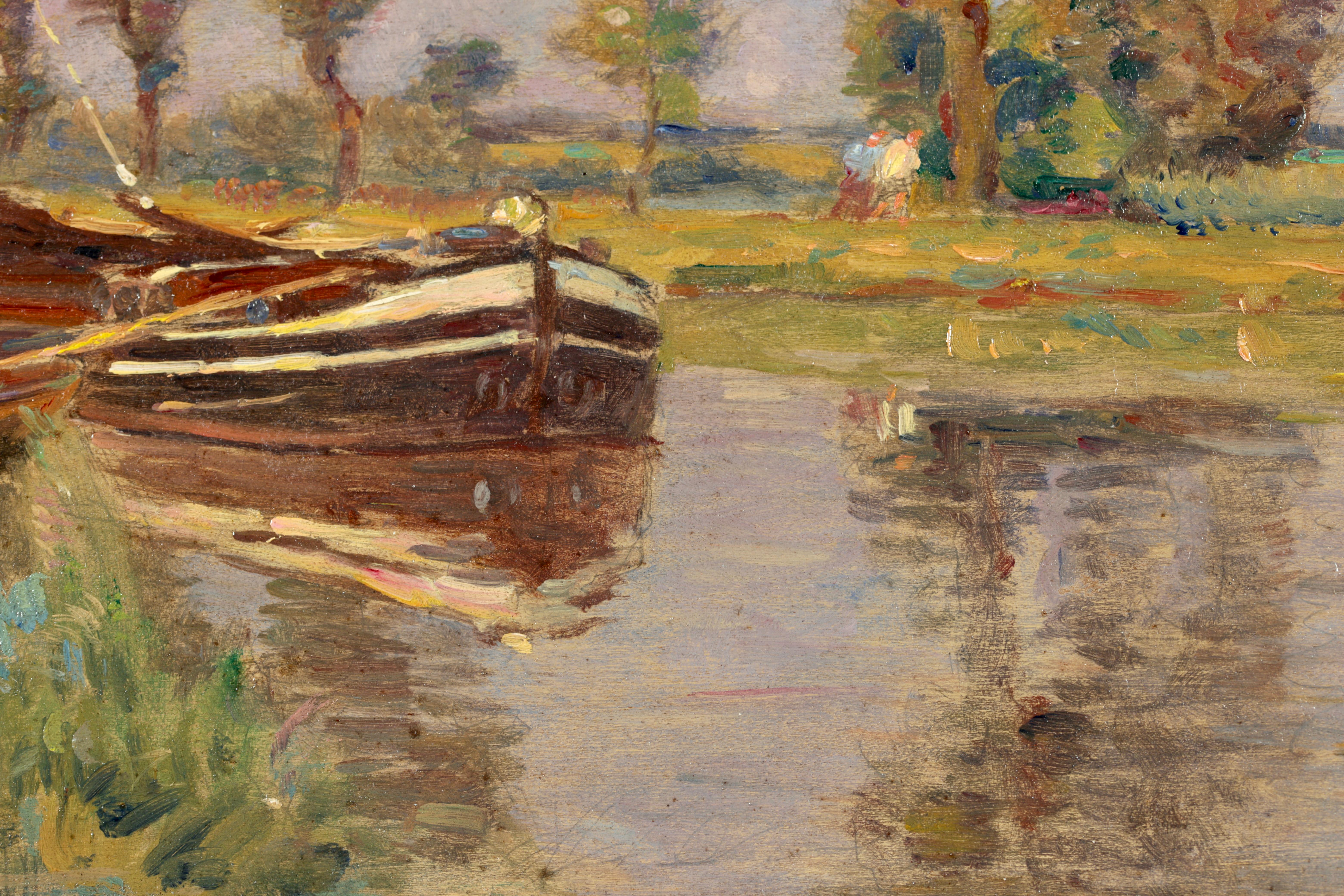 Canal a Douai - French Impressionist Oil, River Landscape by Henri Duhem For Sale 10