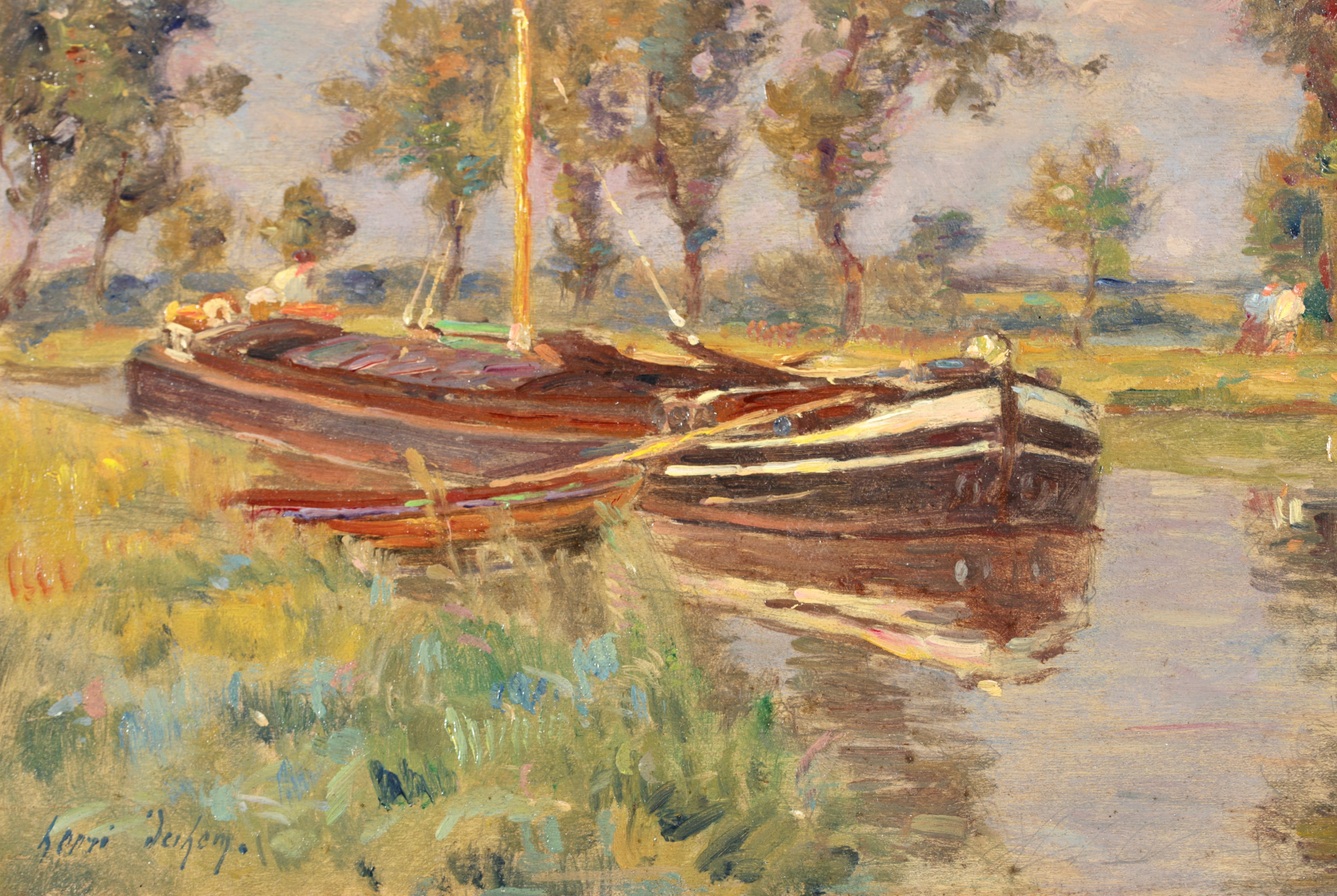 Canal a Douai - French Impressionist Oil, River Landscape by Henri Duhem For Sale 2